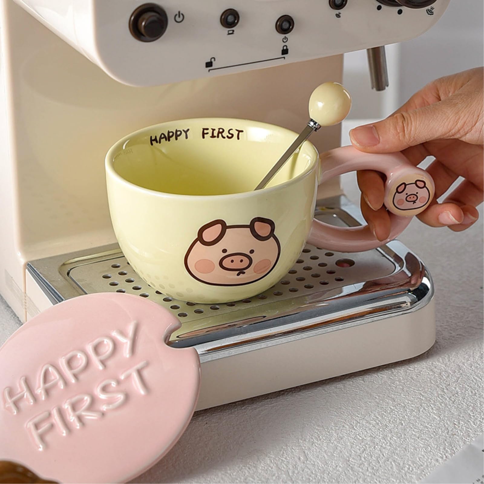 Taza de desayuno de 400 ml con cuchara de boca ancha para parejas, cerdo, 400 ml