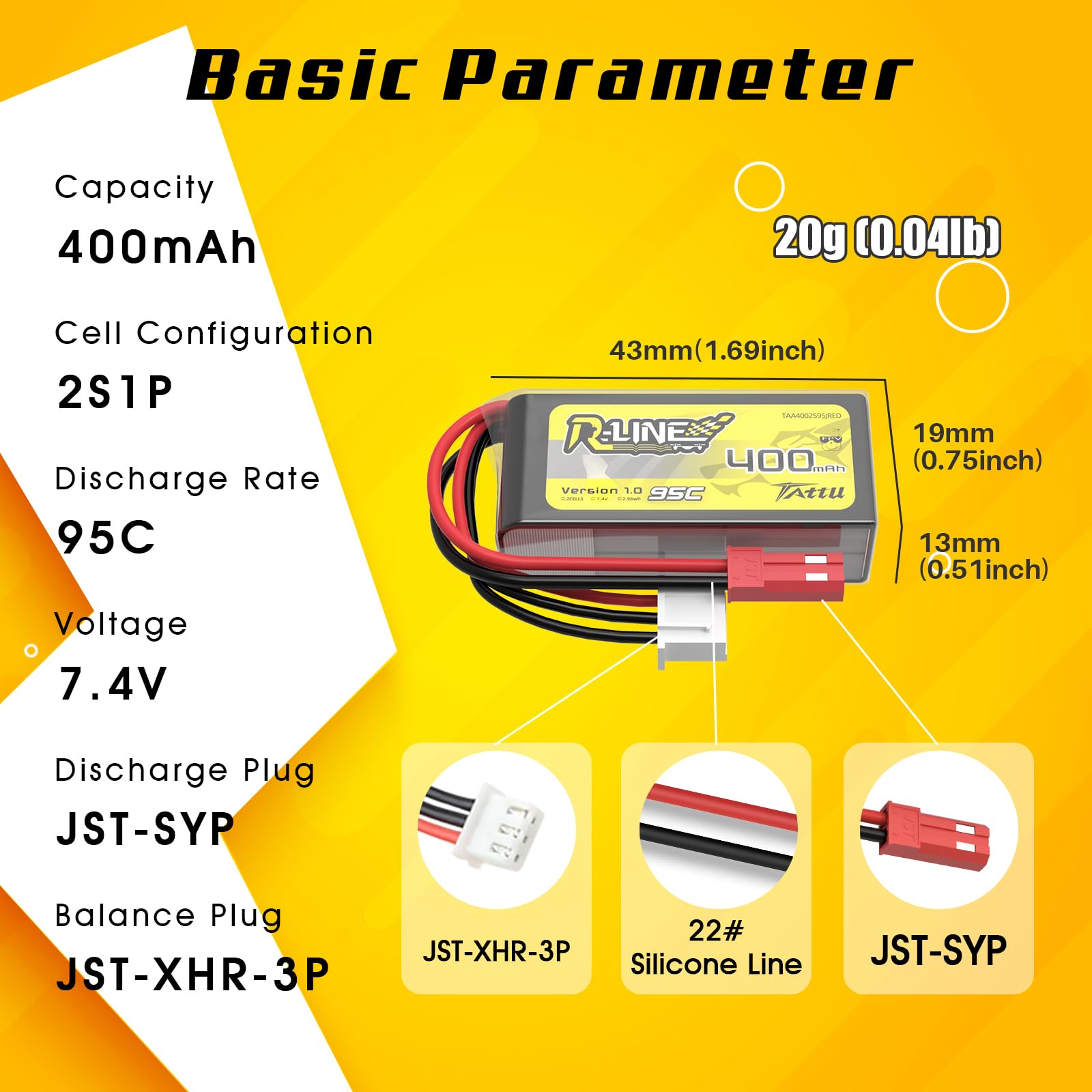 Akumulator TATTU R-Line 400 mAh 7,4 V 2S 95C LiPo JST-SYP do dronów FPV Tinywhoop