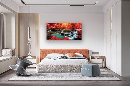 Miniatura 4 de Muolunna BK03950 - Lienzo decorativo para pared, diseño de cascadas de bosque rojo, 1 pieza, árbol de paisaje moderno para sala de estar,