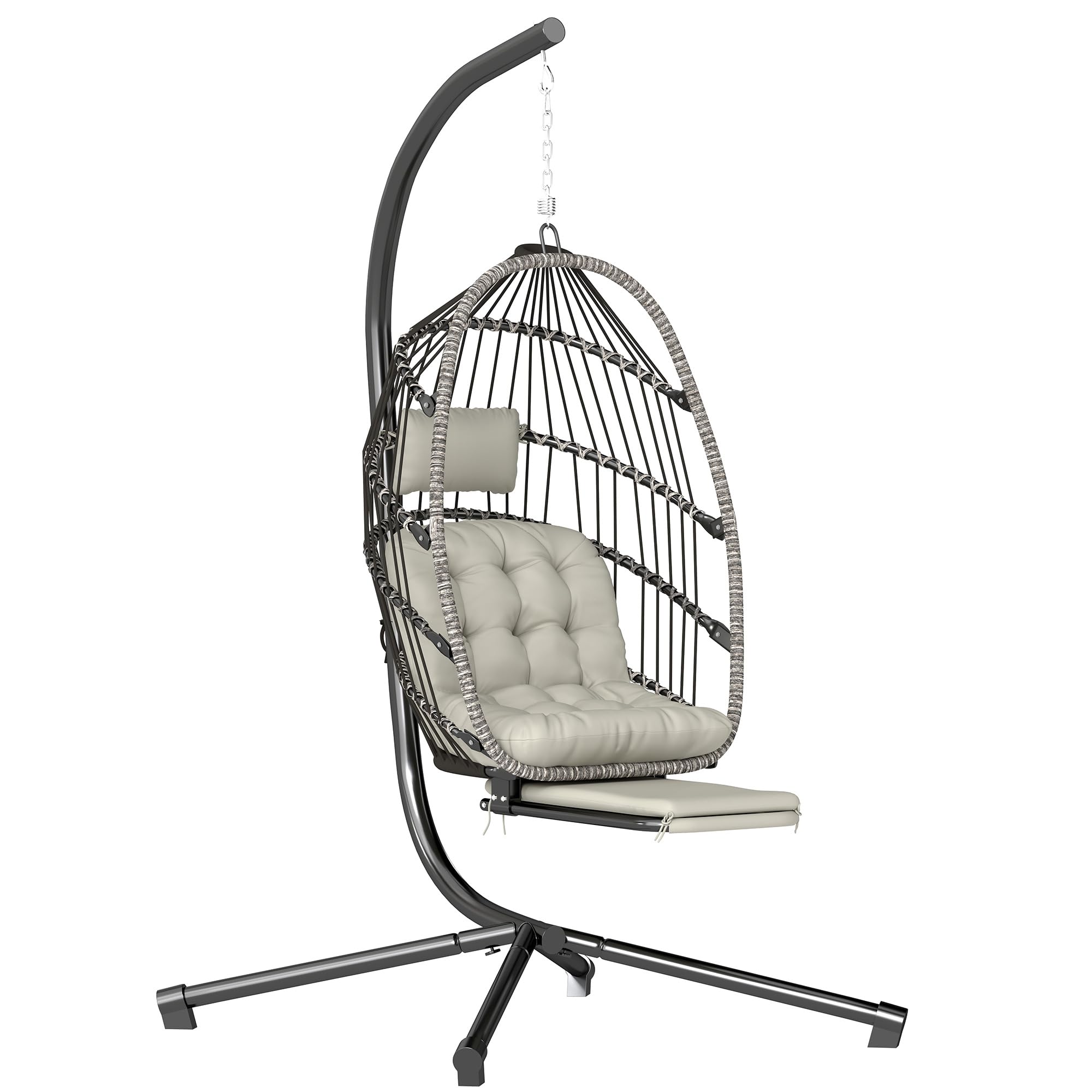Outsunny Fauteuil Suspendu avec Support, Chaise Suspendue Pliante avec Repose-Pieds rétractable, Coussin Doux et appuie-tête, pour intérieur et extérieur, terrasse ou Jardin, Gris Clair