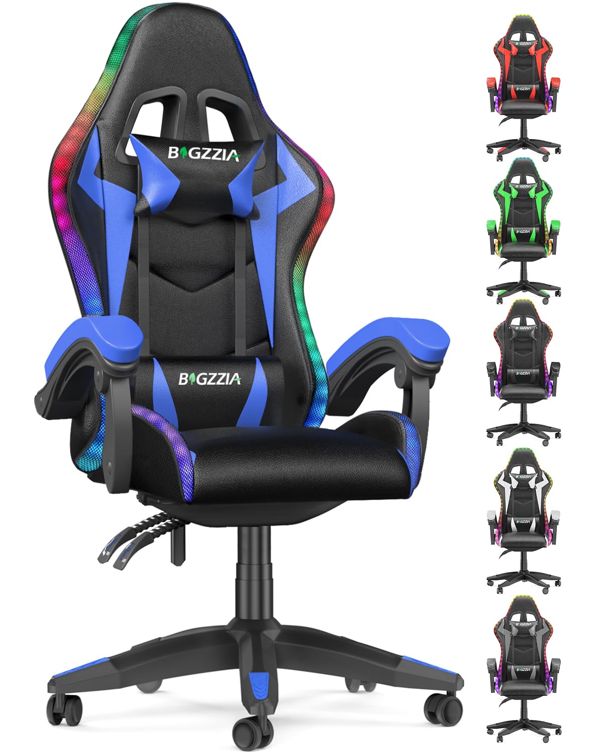bigzzia Silla Gaming con Luces LED,Silla Ergonómica Gaming,Altura Regulable Silla con Apoyo Lumbar y Reposacabezas, Respaldo Inclinable hasta 155° (Utilización RGB, Blue)
