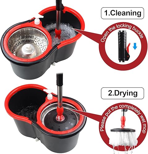 Miniatura 3 de Trapeador giratorio y cubo con juego de escurridor, sistema de cubo giratorio de 360 con 3 cabezales de repuesto de mopa de microfibra, mango