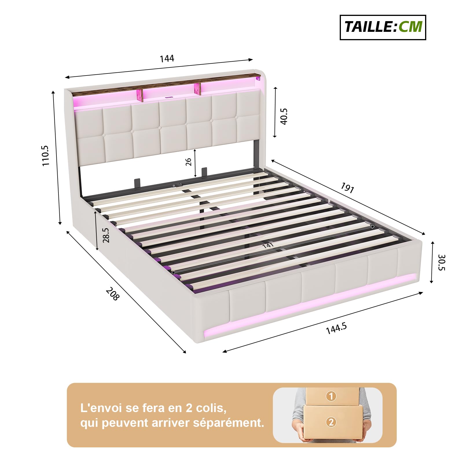 Łóżko bagażowe 140 x 190 ze stelażem LED i USB, podwójne łóżko tapicerowane ze schowkiem w łóżku hydraulicznym z platformą, łóżko tapicerowane z 2-osobowym łóżkiem dla dorosłych i dzieci (beżowe-6