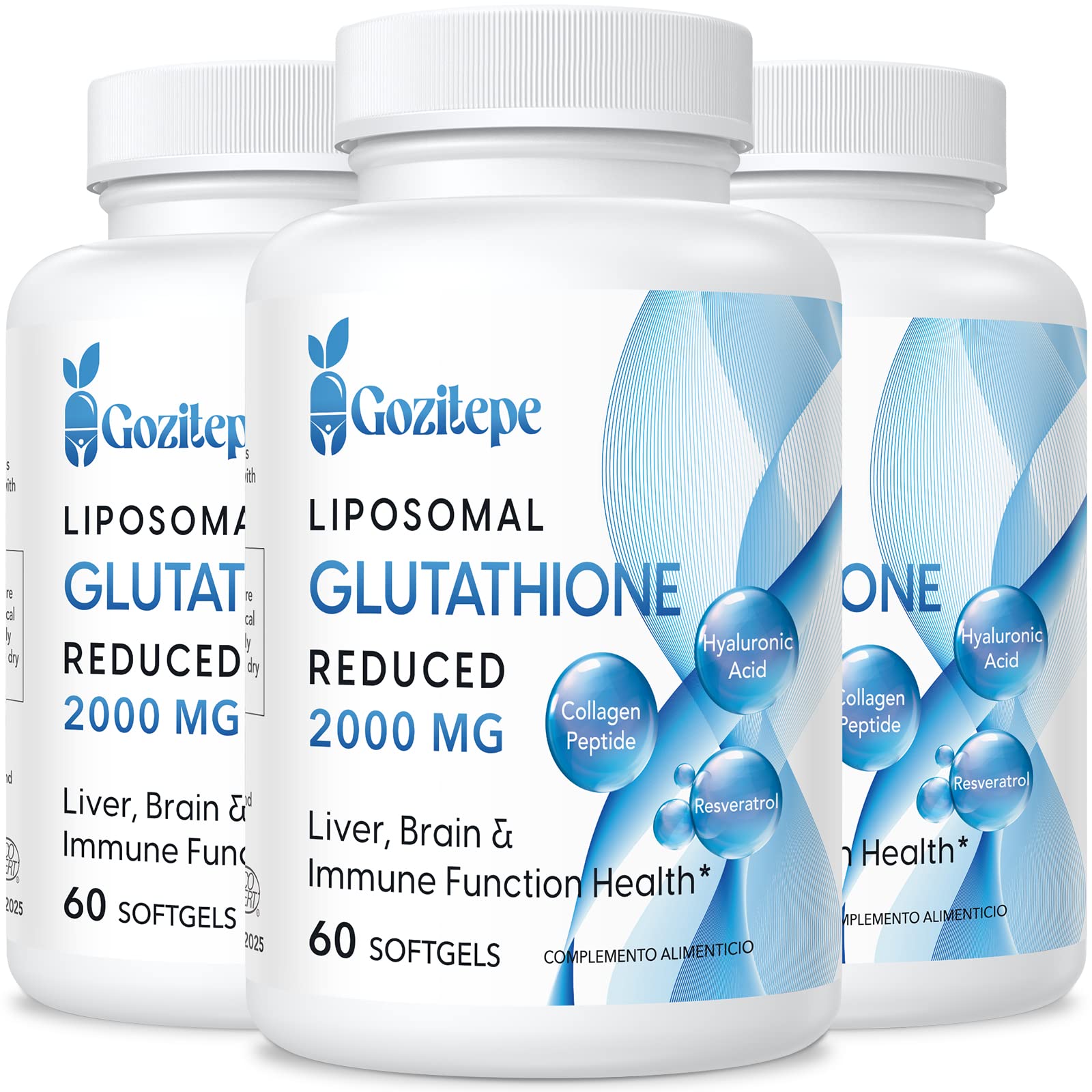 Liposomal Glutatión Reducido 2000 mg por porción | Suplemento de Glutatión con ácido Hialurónico + Péptido de Colágeno + Resveratrol para un Poderoso Antioxidante
