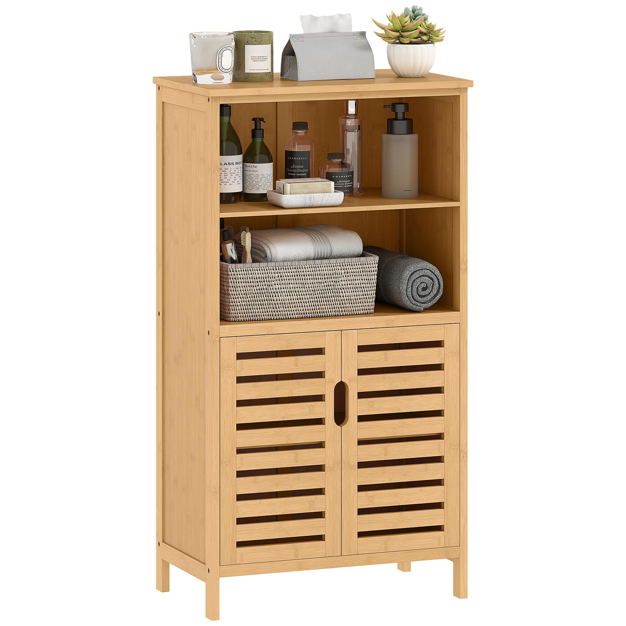 kleankin Mueble de Baño de Bambú Armario de Baño 50x29x92 cm Natural | 2 Puertas, 2 Estantes Abiertos, Patas Elevadas, Antivuelco