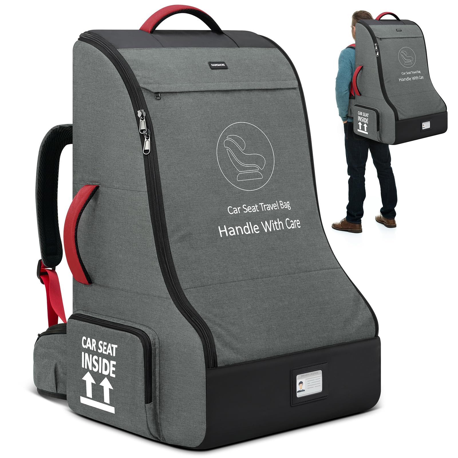 RAINSMORE Transporttasche Kindersitz Flugzeug, Gepolsterte Autositz-Reisetasche,Wasserdicht transporttasche kinderwagen Rucksack, Kindersitz Tasche für Flughafen Reisen Grau