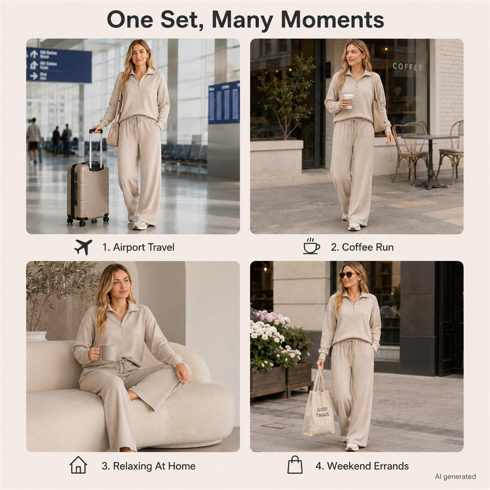 Set da salotto da donna in 2 pezzi, con mezza zip, pantaloni a gamba larga | 90% poliestere, 10% spandex, morbido al tatto a costine, drappeggio rilassato, coulisse in vita, tasche laterali