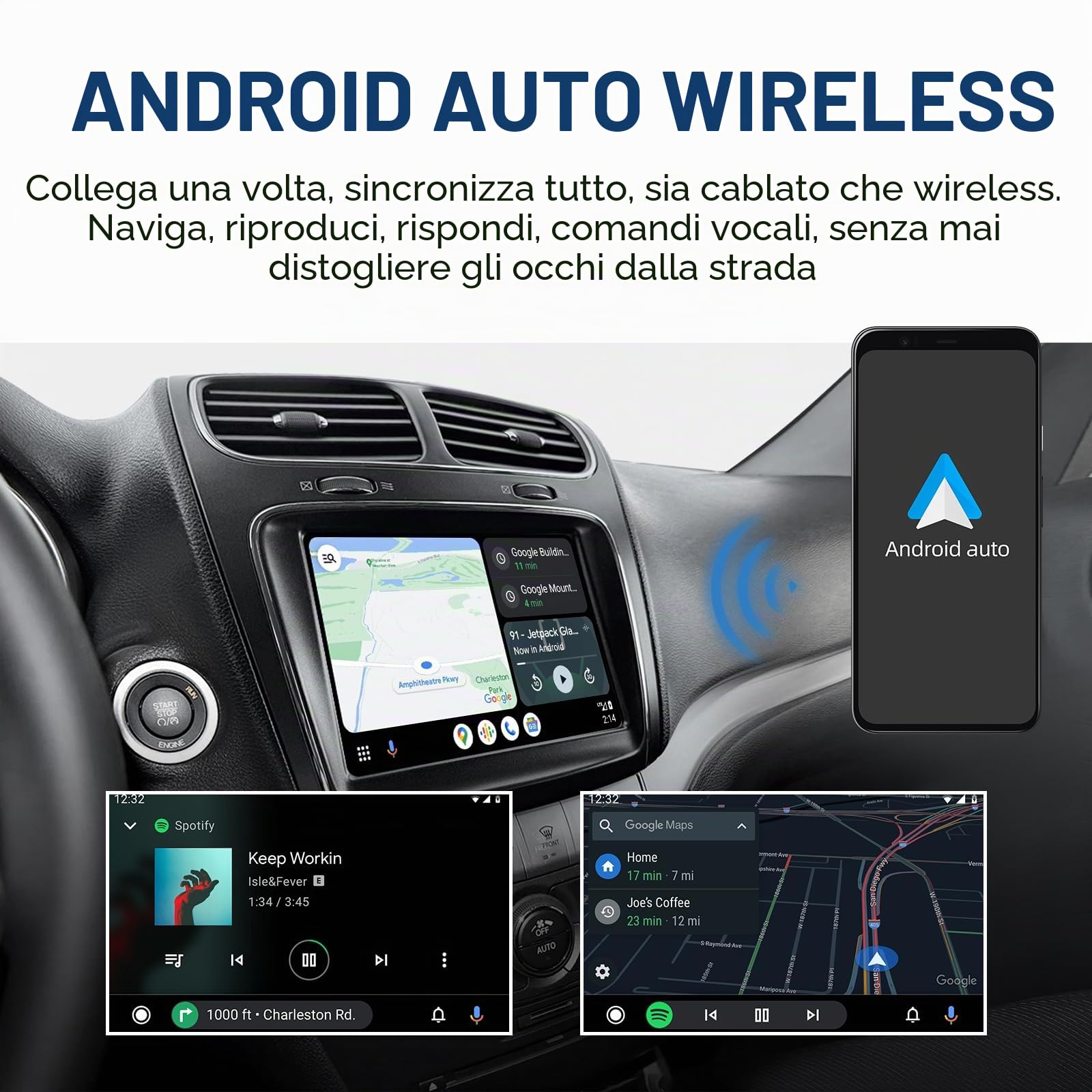 Wireless CarPlay e Android Auto Kit di Retrofit Decoder per Fiat Freemont | Adattatore di Plug & Play per Chrysler 300C / Dodge / Maserati con SWC, Wi-Fi, Bluetooth, Controllo Vocale e Navigazione GPS