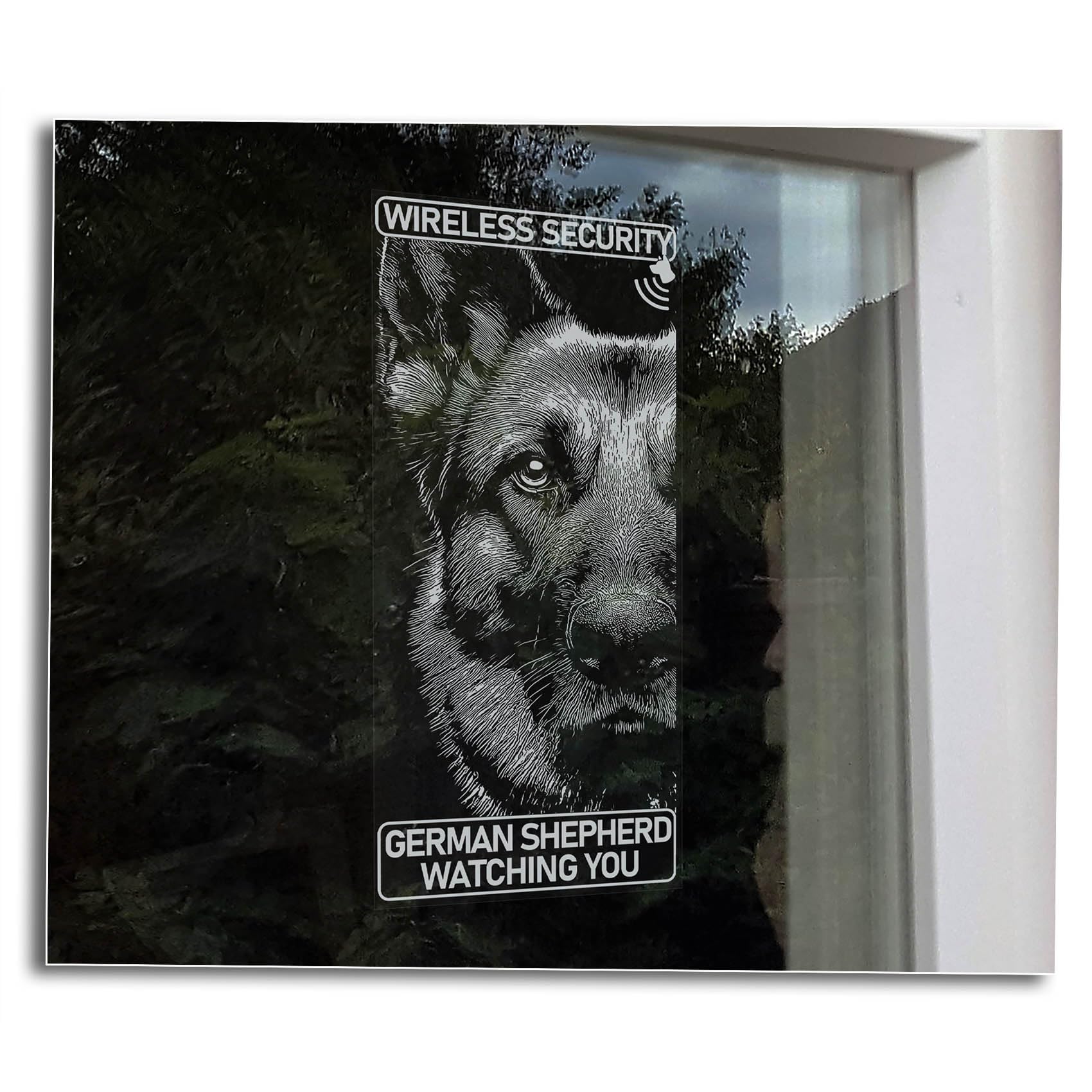 German Shepherd Watching You | Home Security Window Sticker Warning Sign, Pet GSD Gift -V35 (External - White Print)