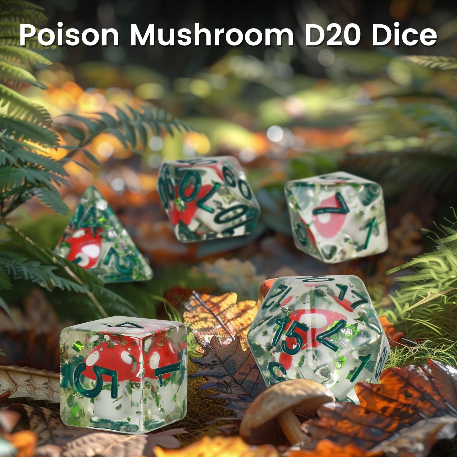 OriCraft Poisonous Mushrooms Dice DND Dice Set with Poisonous Mushrooms Inside Dungeons and Dragons Polyhedral Role Playing Gaming Dices D20 Dice 7 Set Halloween Dices