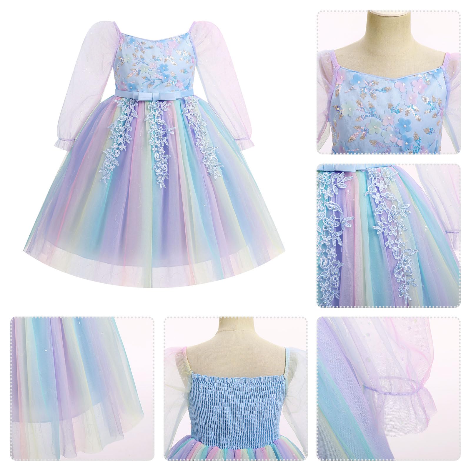 OBEEII Mädchen Prinzessin Langarm Regenbogen Party Tüll Kleid