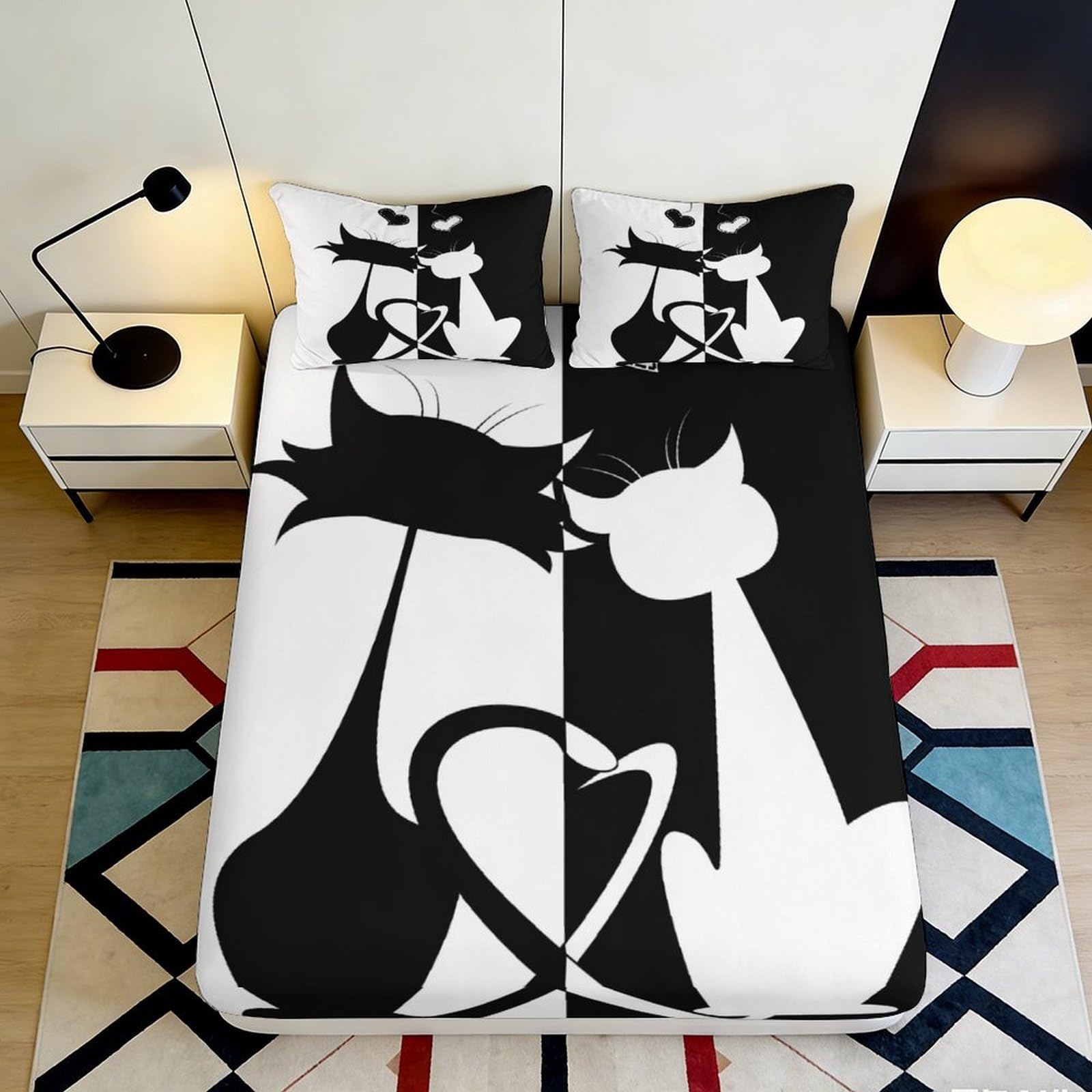 3D Printed Black White Cat Love Fitted Sheet Microfiber Soft Breathable Romantic Couple Bed Cover for Bedroom Guest Room Mattress Protection Decor 90x200x25cm
