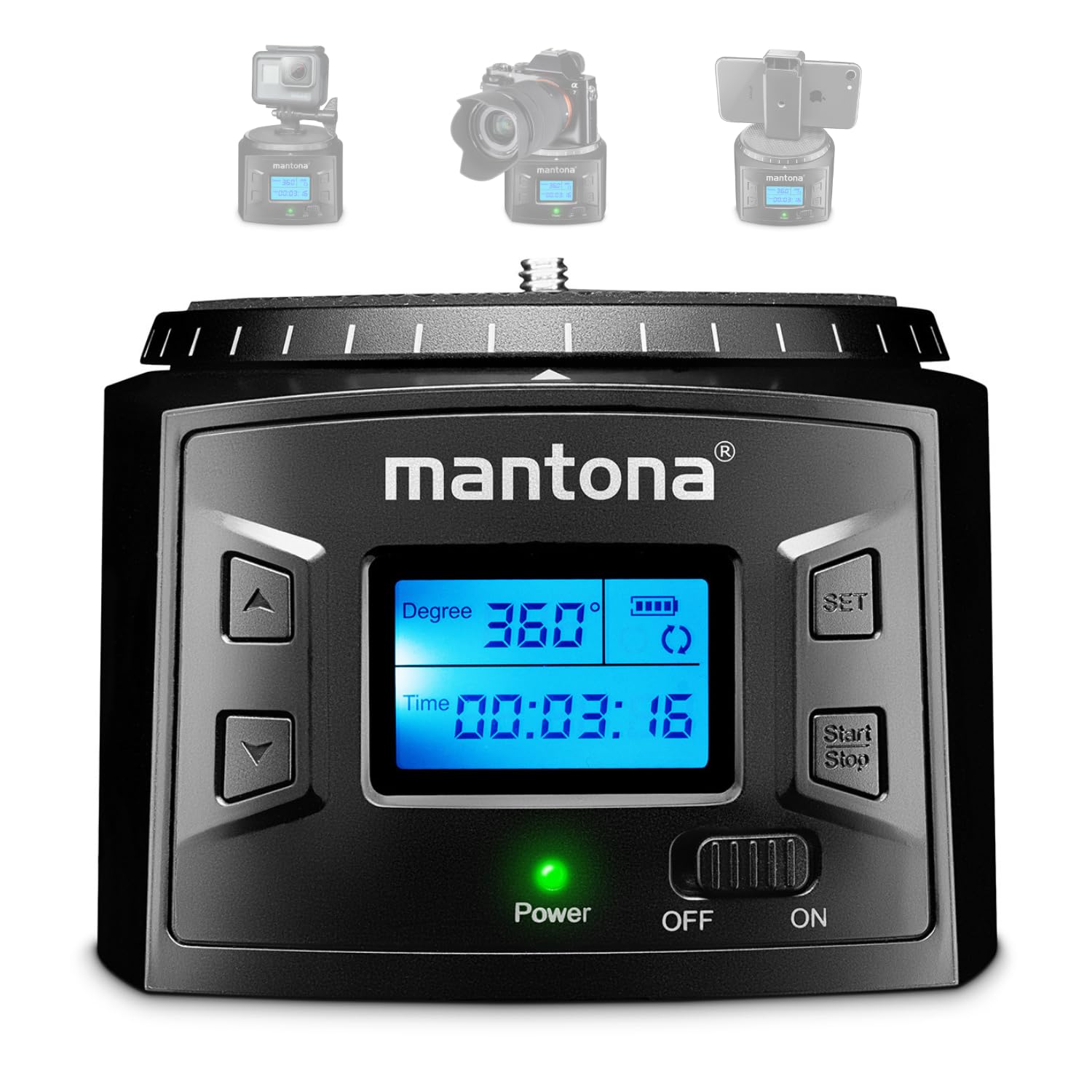 Mantona Elektrischer 360° Panoramakopf, Schwenkkopf mit Endlosrotation, Stativkopf für Panorama, Kamera Zubehör für GoPro Action-Kameras & Smartphones