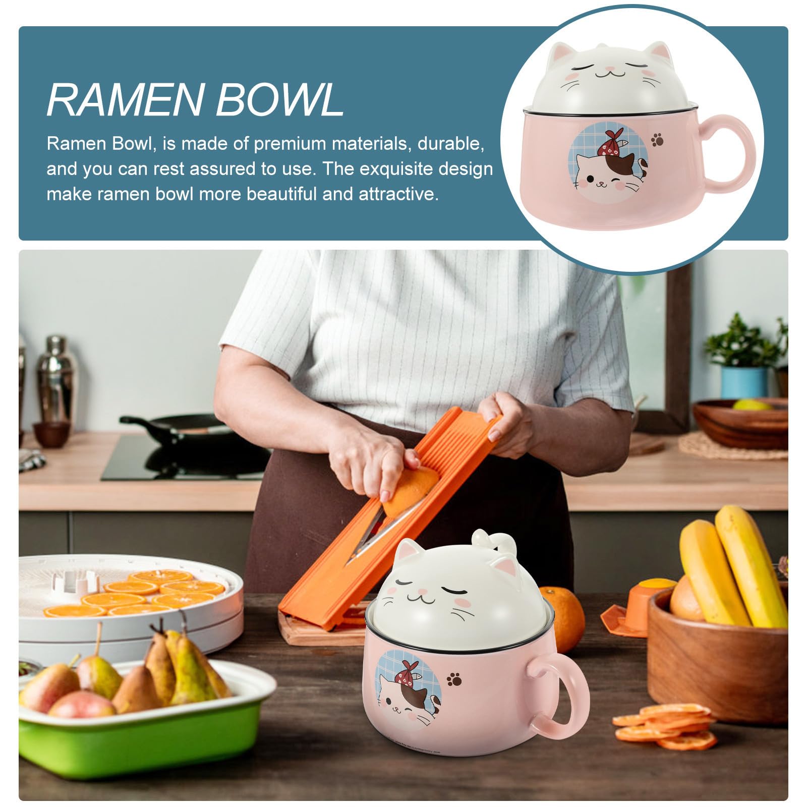Katzenmotiv Ramen Schüssel Satz mit Deckel, 1020ml, Rosa | Keramik und Edelstahl, 1 Satz für Hauswarming, Langlebig und Leicht zu Reinigen