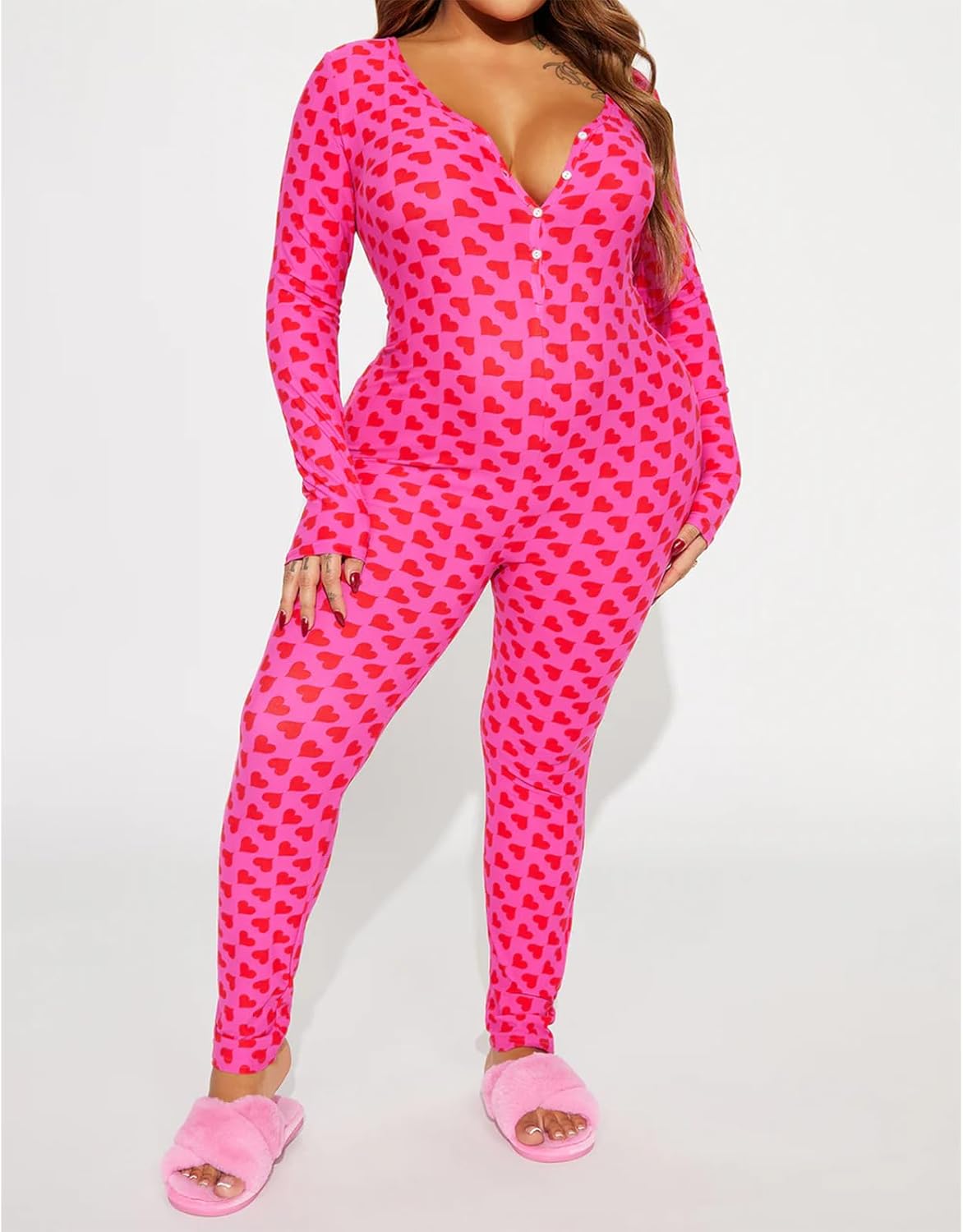 HOXIJIA Women Heart Printed Rompers Long Sleeve V Neck Button Down Long Jumpsuits Bodycon Pajamas Bodysuits for Valentine - Image 5