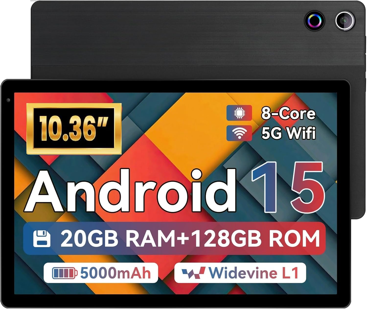 2026 Latest Tablet, Android 15 Tablet 10.4 Inch Octa-Core, 1280 x 800 IPS, 20GB RAM 128GB ROM 1TB TF, 5G WiFi 6, Bluetooth 5.3, 5MP + 8MP, Widevine L1, Black