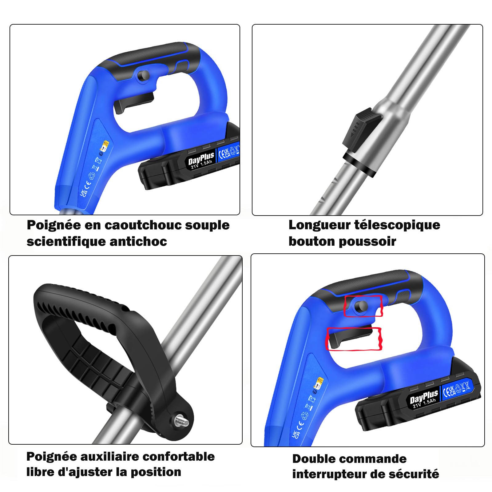 Débroussailleuse sans Fil pour Le Jardin - Débroussailleuse électrique avec 10 Lames en métal, 2 Batteries 21V 1500mAh et Chargeur Rapide pour la pelouse et Le Jardin Bleu (2 Piles)