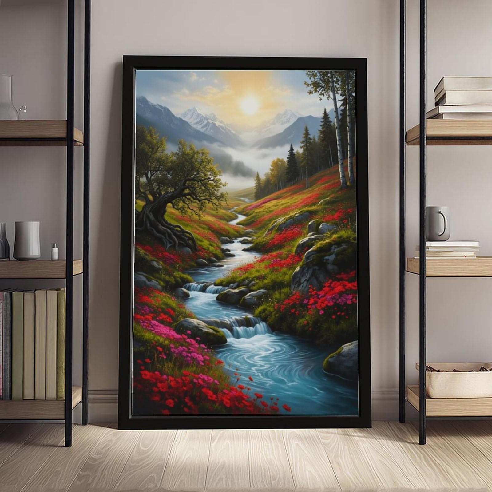 Mnyuein Póster de paisaje de bosque, montañas y flores silvestres, 1 póster en lienzo, decoración de pared, pinturas para sala de estar, dormitorio, marco negro, 12 pulgadas de largo x 18 pulgadas de