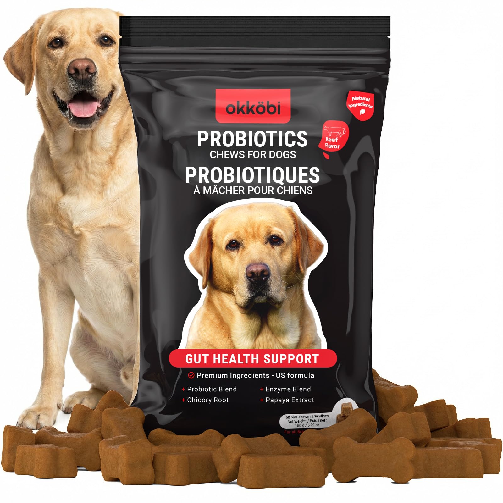 Probiotics for Dogs Chews 60 Pcs - Digestive, Gut Health & Diarrhea Support - Chews For Dogs - With Probiotics, Enzymes & Natural Ingredients - Beef