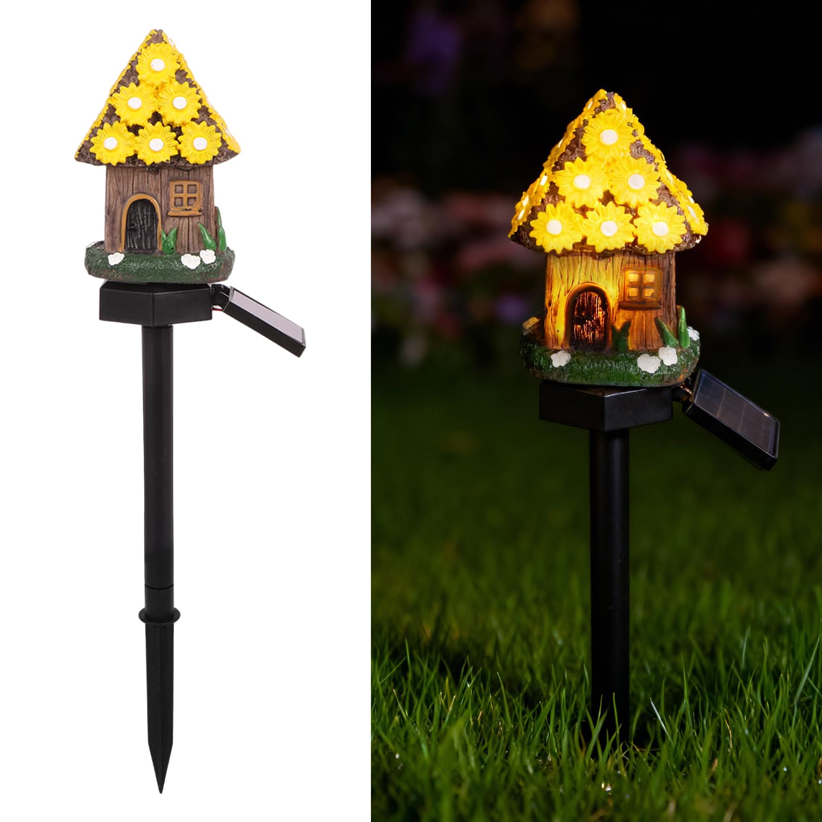 Iridsmole Solar Mushroom House Lights, Solar Garden Lights, Fairy Tale Ornament, Waterproof Powered Pathway Light, Stake Lights for Outdoor Garden, Miniature Garden Decoration for Walkway (Yellow)