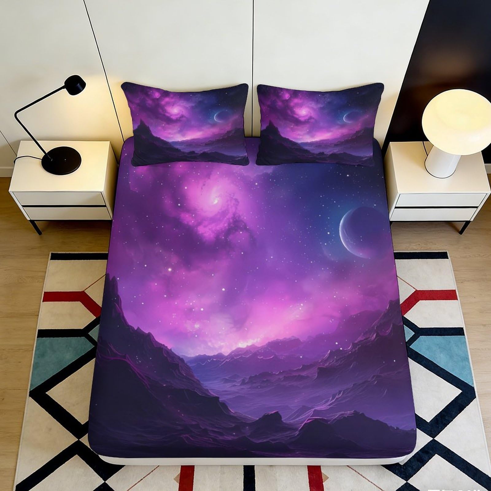 Qjzxknhpgr Style-4 3D Printed Galaxy Starry Sky Fitted Sheet Microfiber Soft Purple Cosmic Nebula Mattress Cover For Bedroom Dorm Decor 90X200x25cm