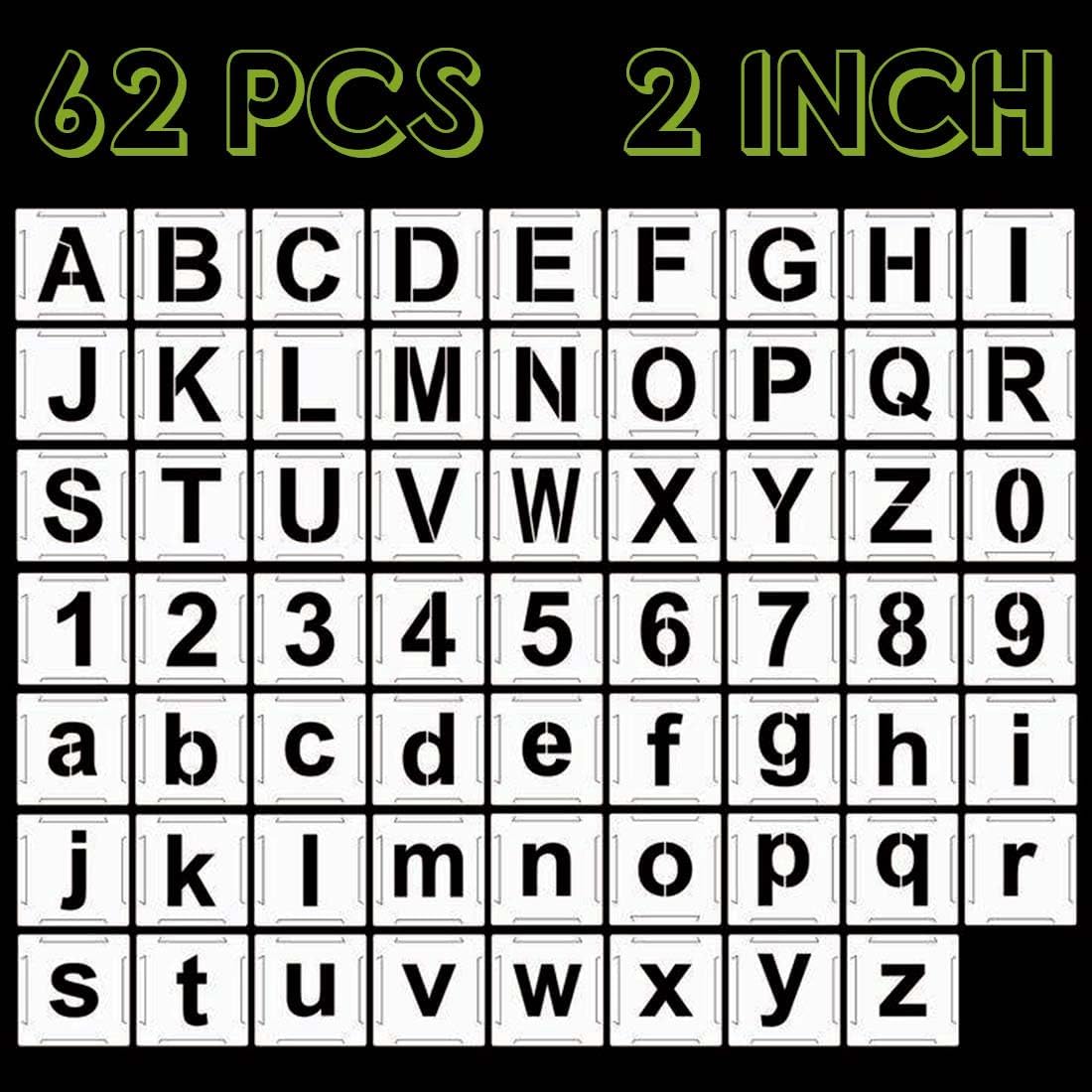 2 Inch Letter Stencils and Numbers, 62 Pcs Alphabet Drawing Templates, Reusable Plastic Art Craft Stencils for Painting on Wood, Wall, Fabric, Rock, Glass,Chalkboard, Signage, DIY Art Projects