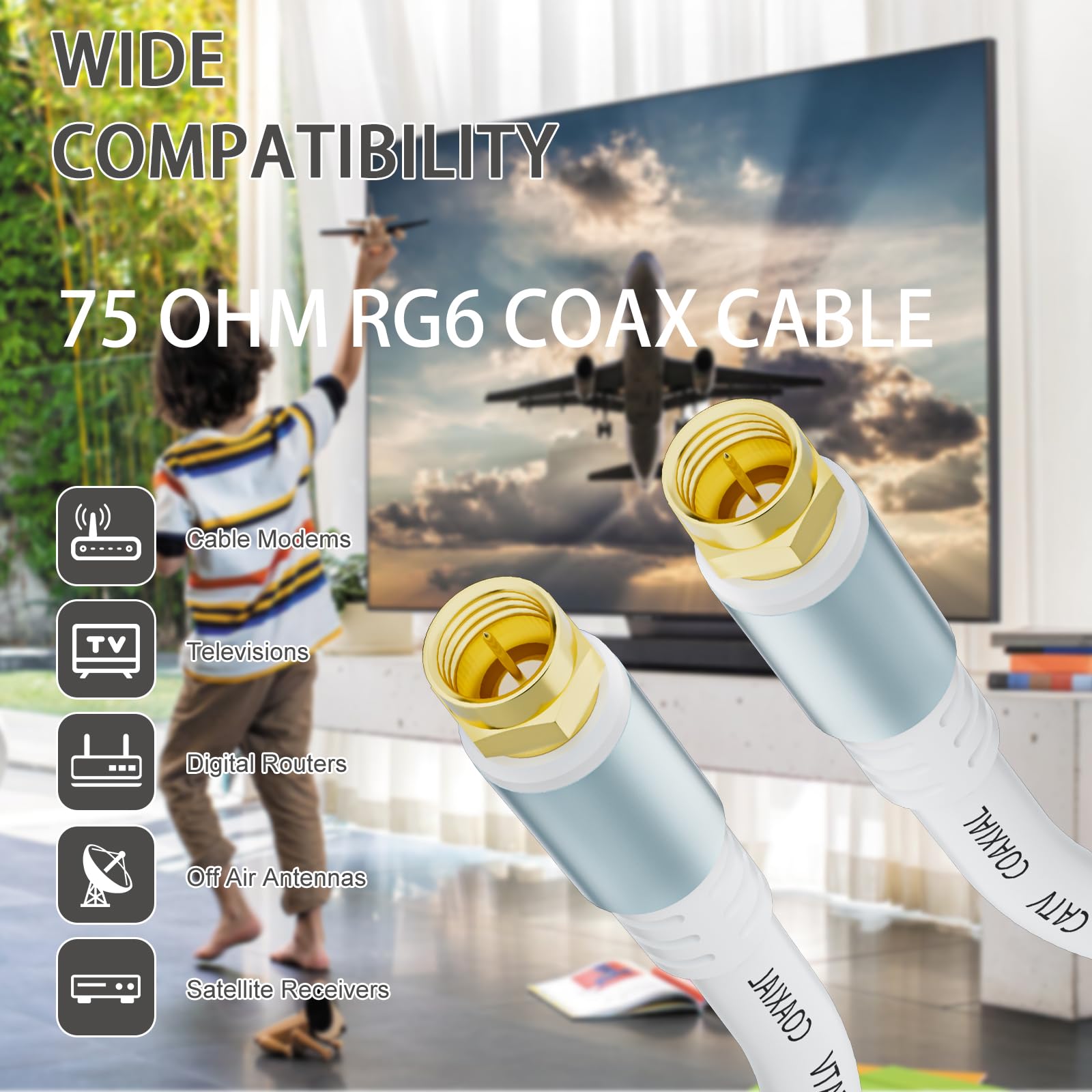 Cable coaxial RG6 blanco de 10 pies para Internet, banda ancha y TV digital, cable de extensión coaxial RG6 de satélite