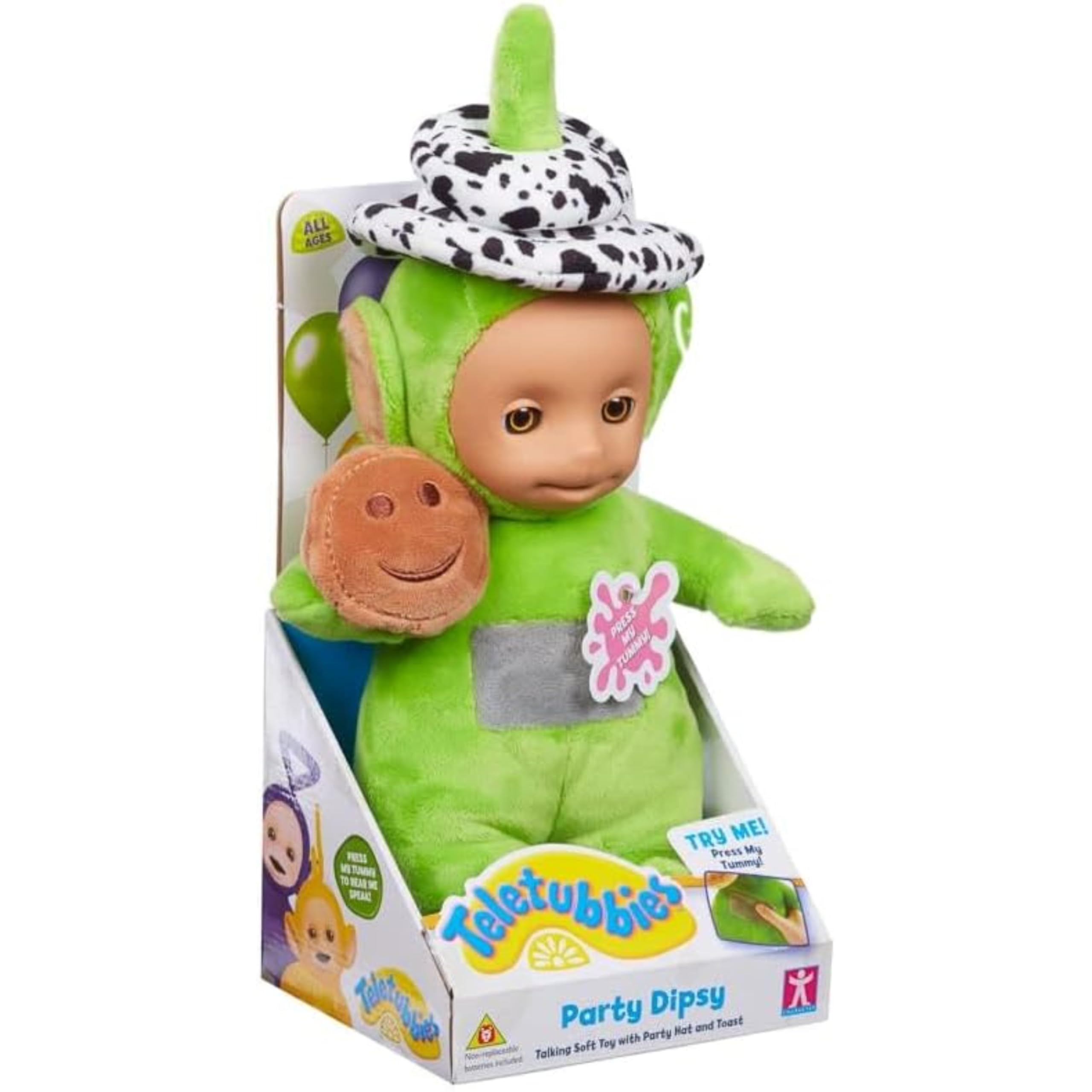 Teletubbies Party Dipsy Talking Plush Toy – Soft Cuddly Doll with Party Hat & Toast, 31.5 x 13.3 x 11 cm