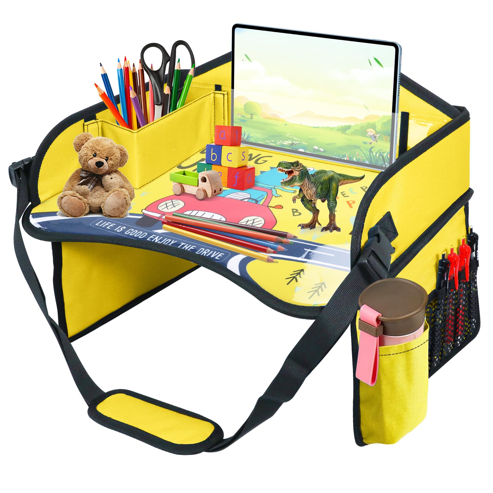Plateau Voiture Enfant, Plateau de Voyage avec Planche à Dessin, Organisateur Voiture pour Siège Enfant avec Plusieurs Compartiments, Facile à nettoyer (Dinosaure)