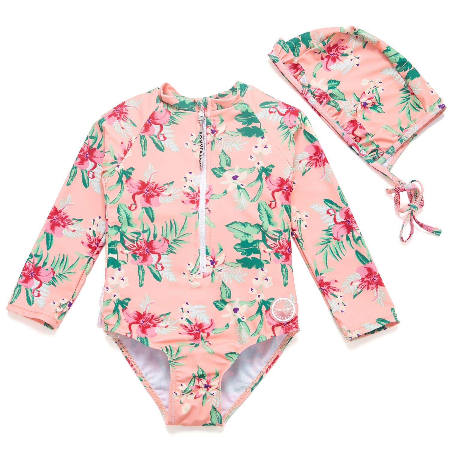 BONVERANO Kleiner Mädchen Schwimmanzug UV-Schutz Blumen Schwimmanzug mit Sonnenhut