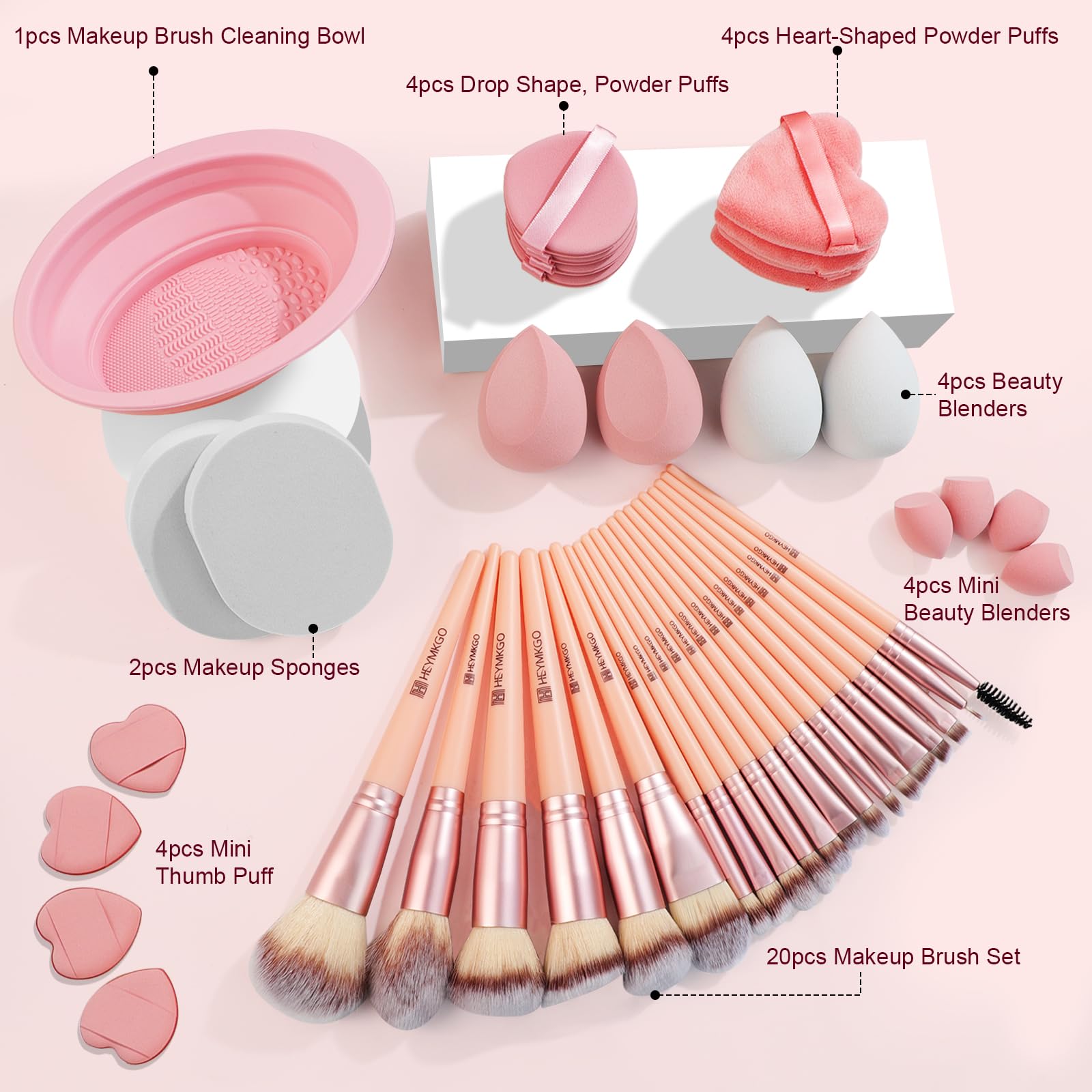 HEYMKGO Pennelli Make Up 43 Pezzi Set Pennelli Make Up Con Borsa Spugnette Trucco Make Up Setole Sintetiche di Alta Qualità Fondotinta Kabuki Cipria Correttori Fard Ombretto Illuminante Sopracciglia