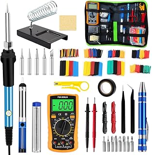 Soldering Iron Kit, 60W/110V Adjustable Temperature Soldering Iron with Digital Multimeter, Stand, 5pcs Soldering Tips, Desoldering Pump, Tweezers, Heatshrink Tubes - Winsall Portable Electronics Kit