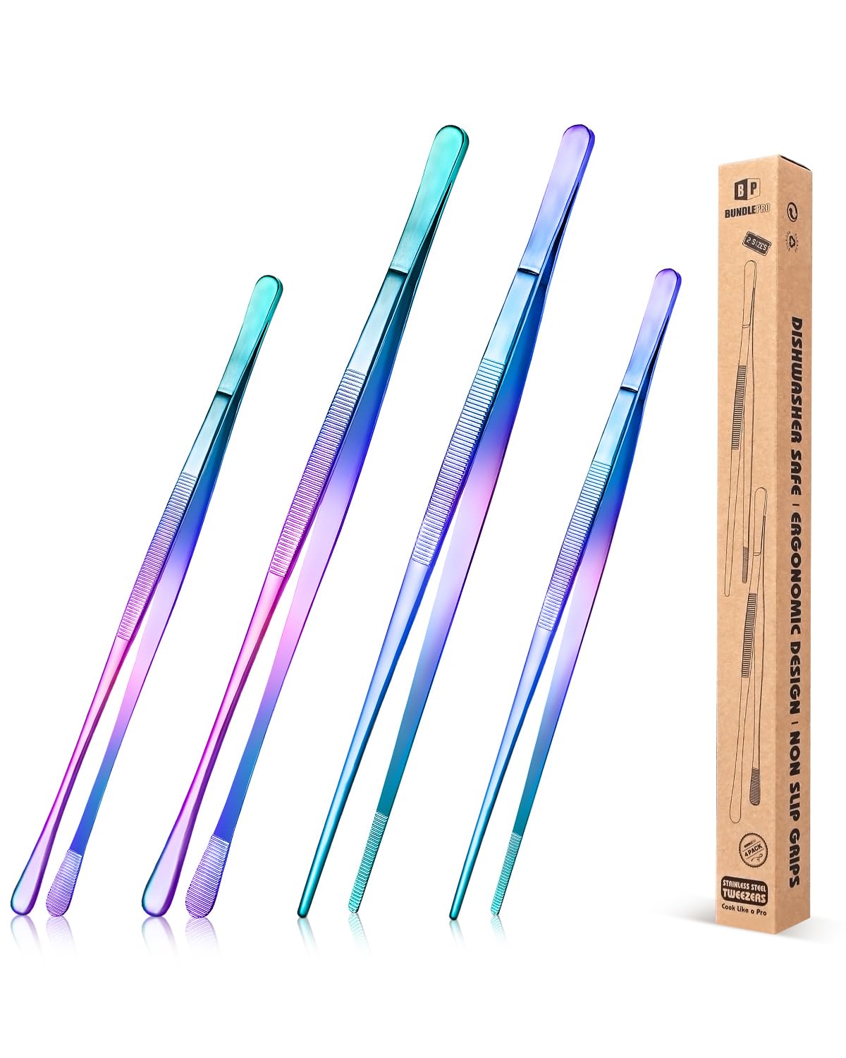 4 Pcs Fine Long Tweezer Tongs Professional Rainbow, 12'' and 10'' Stainless Steel for Kitchen, Food, Cooking, Repairing, Sea food and BBQ