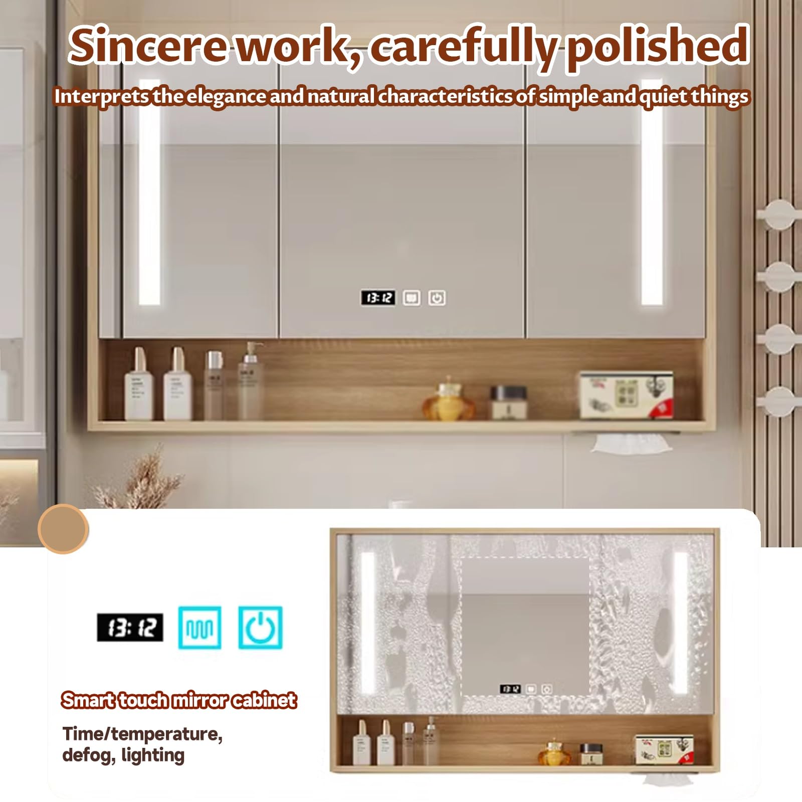 Mueble con Espejo de baño, Durable y silencioso/Orificio de Tejido humanizado/Accesorios de Hardware/Almacenamiento Dividido/Iluminación Suave(Wood,60cm/23.6in)