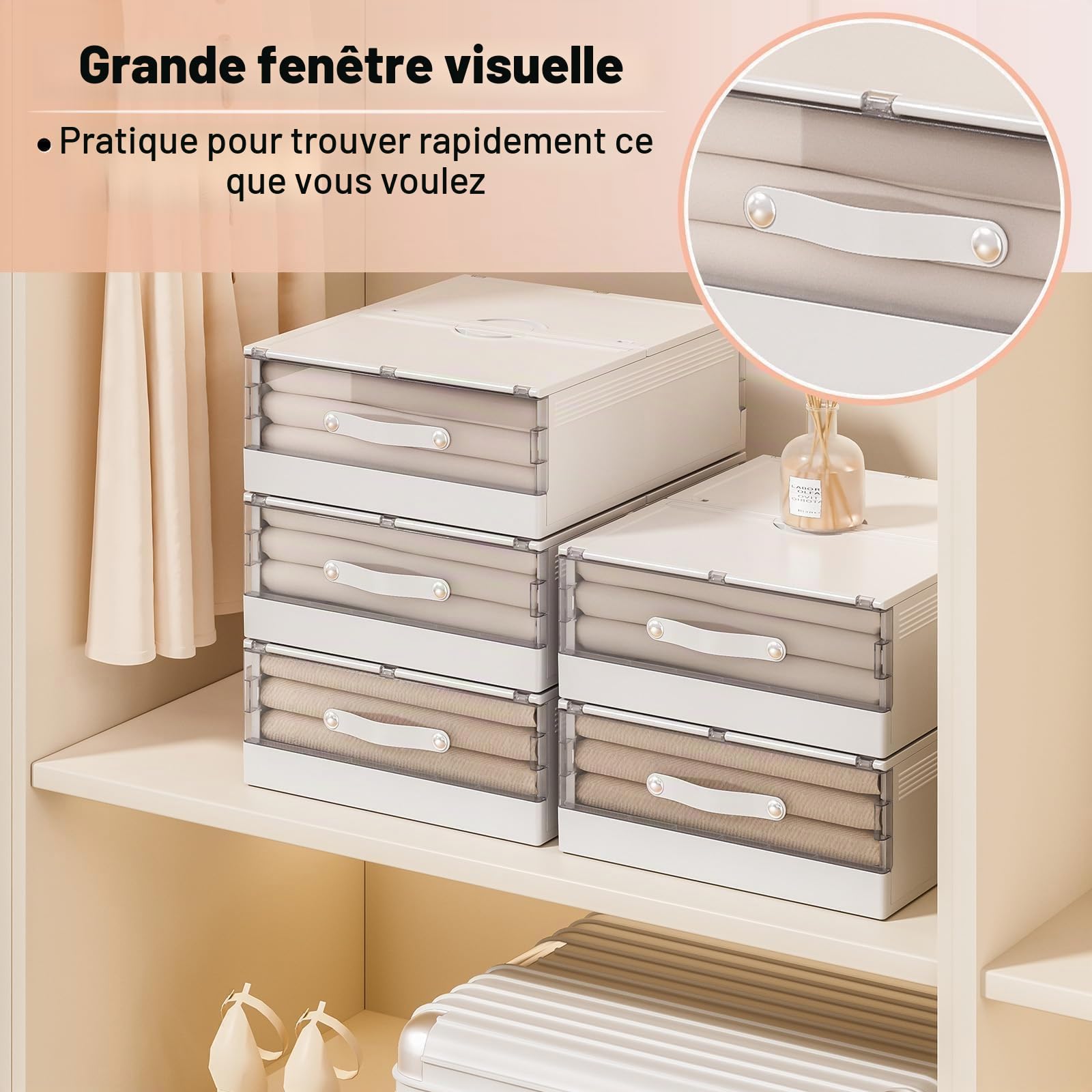 GUDEMAY Lot de 4 Boite Rangement Sous Lit | Rangement Drap Lit Pliable Plastique avec Poignée | Organisateur Armoire Chambre idéal pour Ranger Vêtements, Draps, Couvertures, Couvre-Lits | Blanc