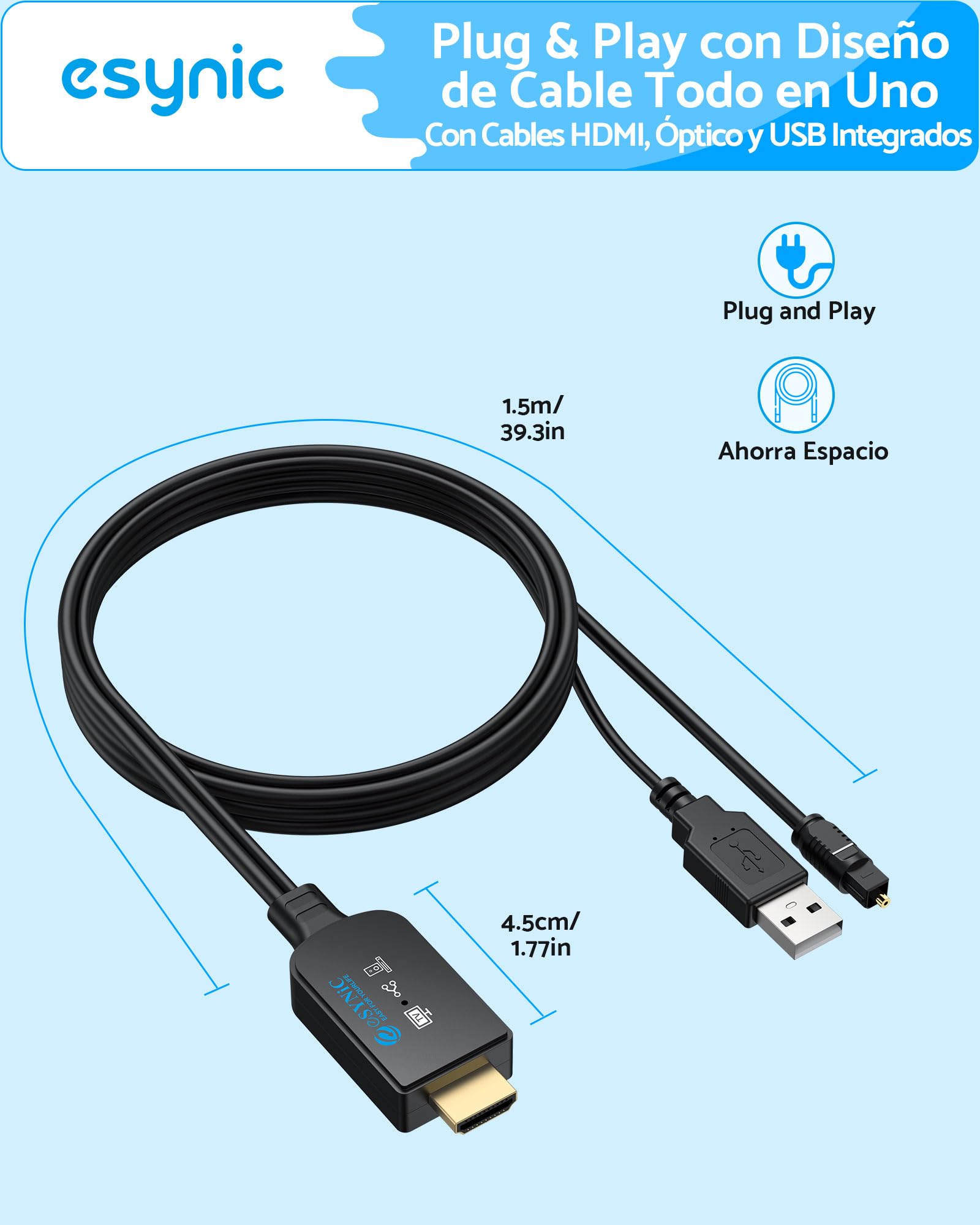 eSynic Cable eARC ARC a Óptico 1.5m HDMI ARC a TOSLINK Audio Extractor Adaptador HDMI ARC a Optical Compatible con TV Soundbar Home Cinema Auriculares Convertidor Audio Digital Plug and Play