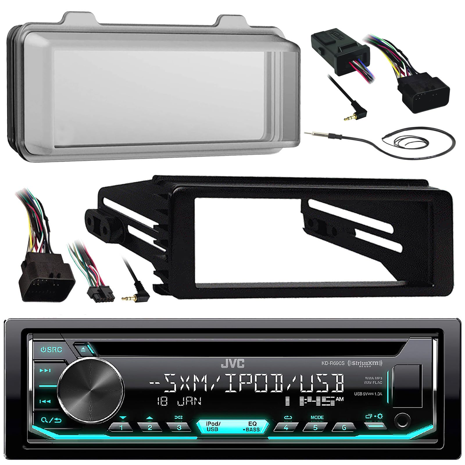 Enrock Motorcycle BundleEnrock Motorcycle Bundle JVC KD-R690S Single DIN in-Dash CD/AM/FM Car Stereo Receiver Combo with Install Dash Kit + Handle Bar Control + Antenna for 98 2013 Harley Touring Flht Flhx Flhtc Bike