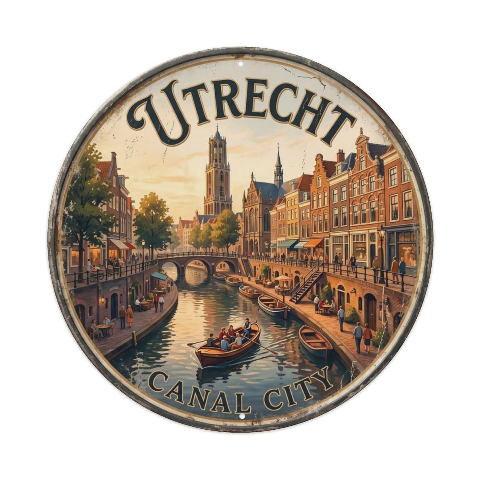 Vintage Travel Utrecht Canals Netherlands Metal Tin Sign Plaque Wall Decor for Cafe, Club Bar, Office, Home Garden Round Metal Poster 8x8Inch