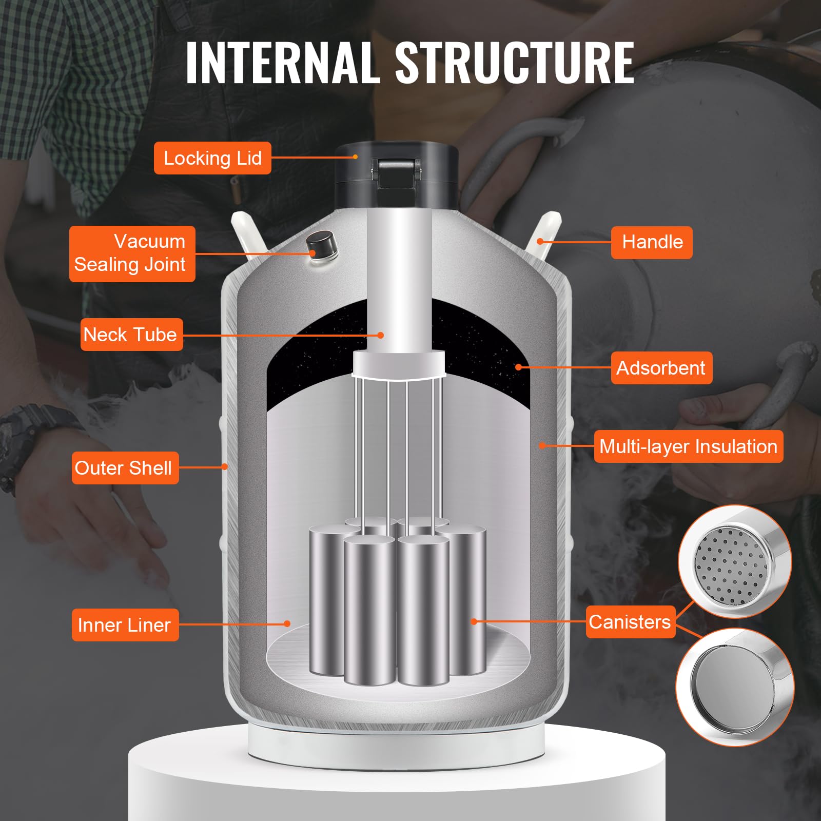 VEVOR Liquid Nitrogen Tank, 20 L Aluminum Alloy Liquid Nitrogen Container, LN2 Tank Dewar with 6 Canisters and Carry Bag with Straps, Cryogenic Tank for Beauty Industry, Semen Preservation, Scientific