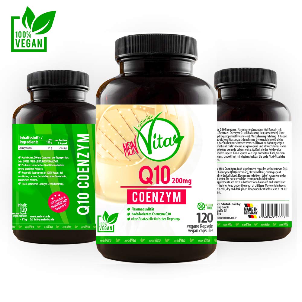 Coenzym Q10, 100% Vegan, extra hochdosiert mit 200mg pro Kapsel - 120 Kapseln im 4 Monatsvorrat, Bioaktiv, Premium Q10 | hochdosiert, 4 Monatsvorrat, ohne Gelatine