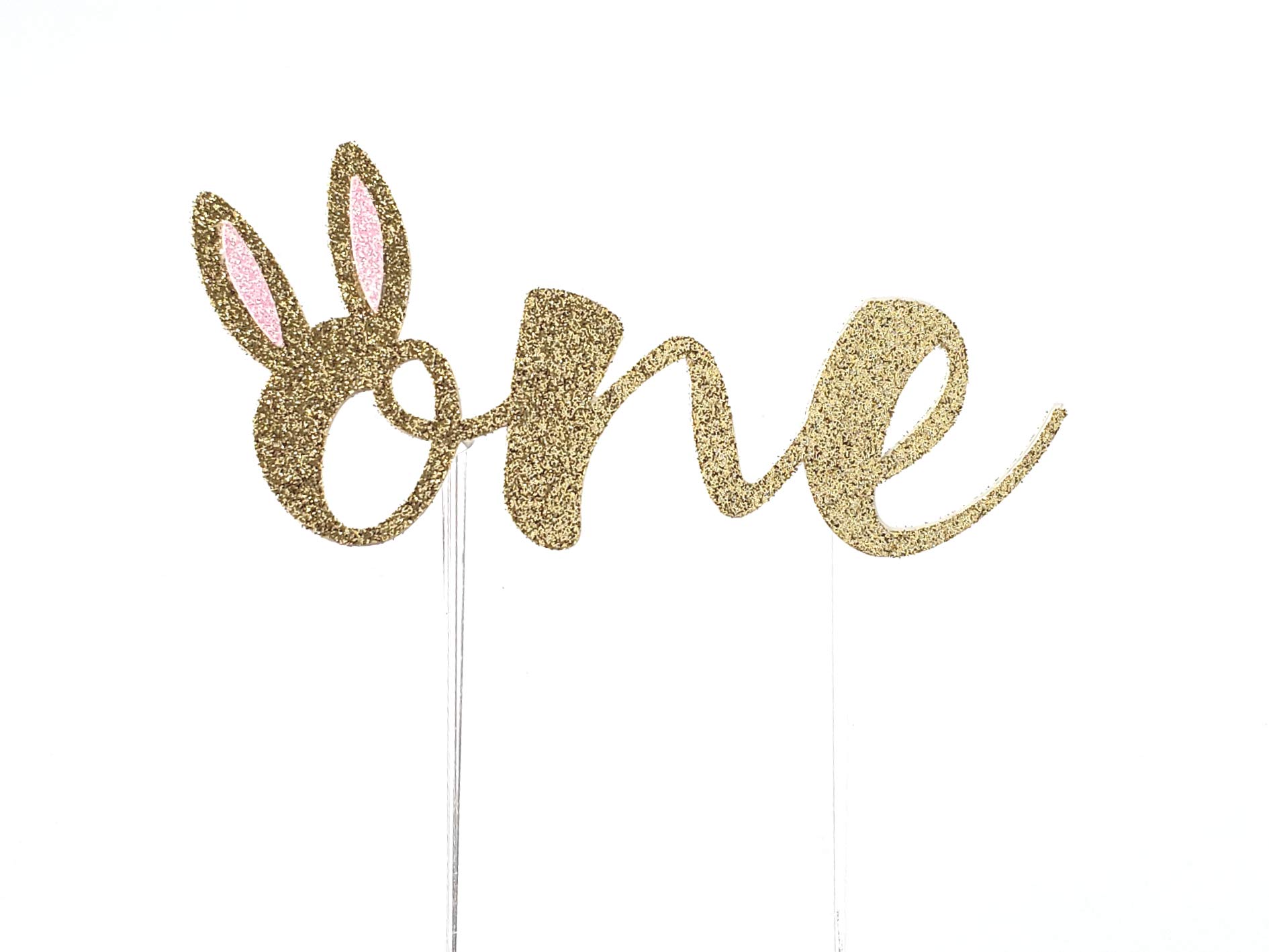 Handmade 1st First Birthday Cake Topper Decoration, One with Bunny Ears, Made in USA with Double Sided Glitter Stock