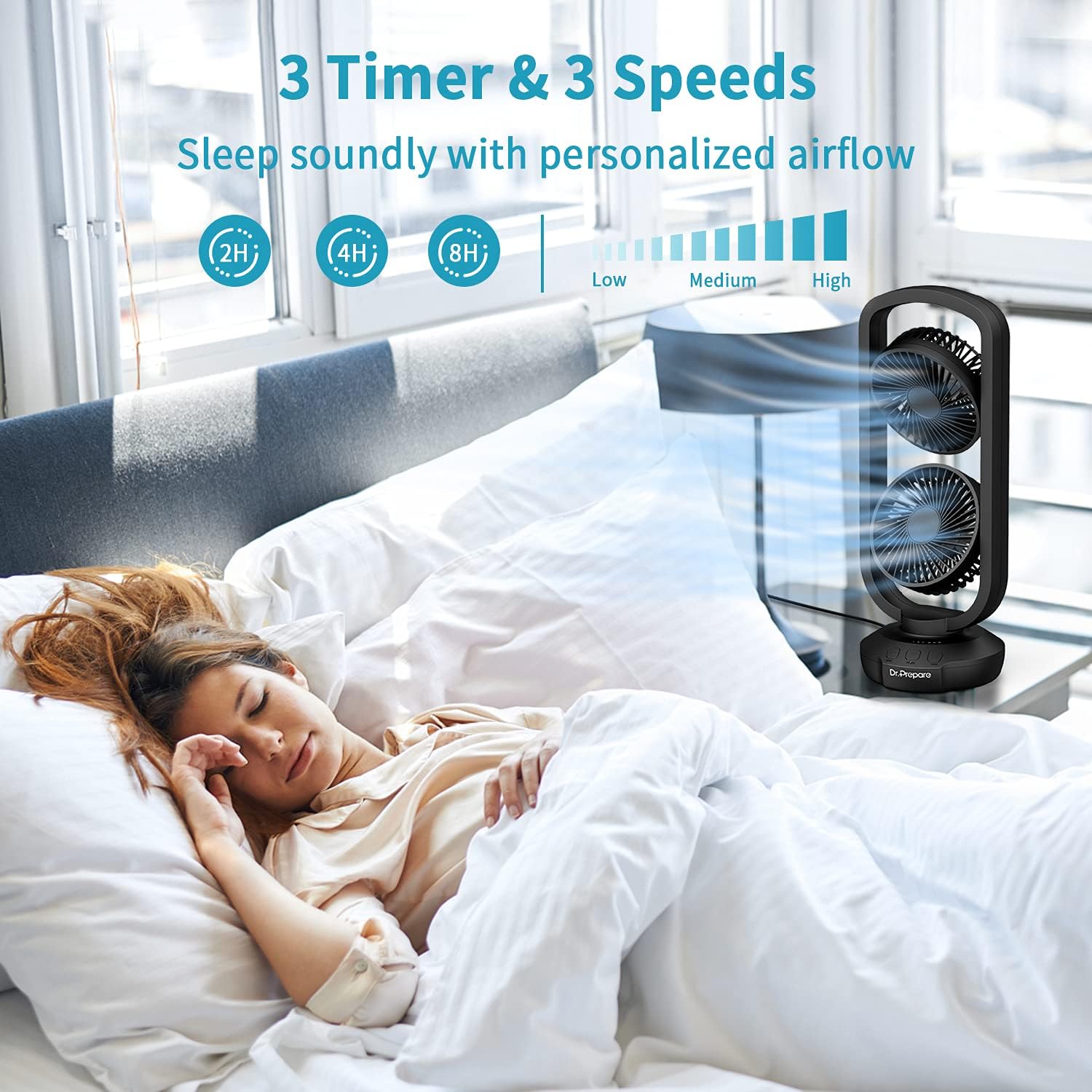 DR.PREPARE Ventilateur Colonne Silencieux Ventilateur Tour de Table avec Inclinaison à 270°, Oscillation 105°, 3 Vitesses, Ventilateur de Bureau USB Portable pour Chambre à Coucher, Bureau, Camping
