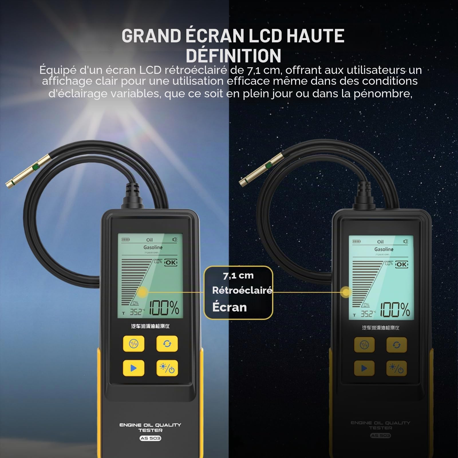 Testeur de qualité d'huile Moteur AS503 Testeur d'huile Moteur pour véhicules Essence Diesel avec sonde de détection de Haute précision, Affichage de la température de l'huile de Transmission
