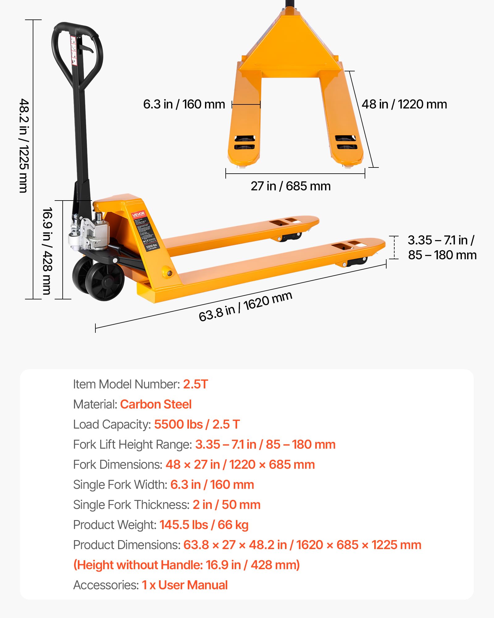 VEVOR Transpallet, Capacità 2,5 T, Transpallet Manuale con Forche da 1620 x 685 x 1225 mm per Movimentazione Materiali, Altezza di Sollevamento Forche 85-180 mm, per Magazzino, Supermercato