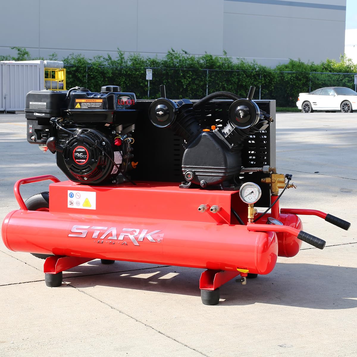 Stark USA 6.5HP Gas Driven Piston 10-Gallon Twin Tank Air Compressor Wheelbarrow Horizontal Compressor Dual Tank, Flat-Free Rubber Tire Service Truck