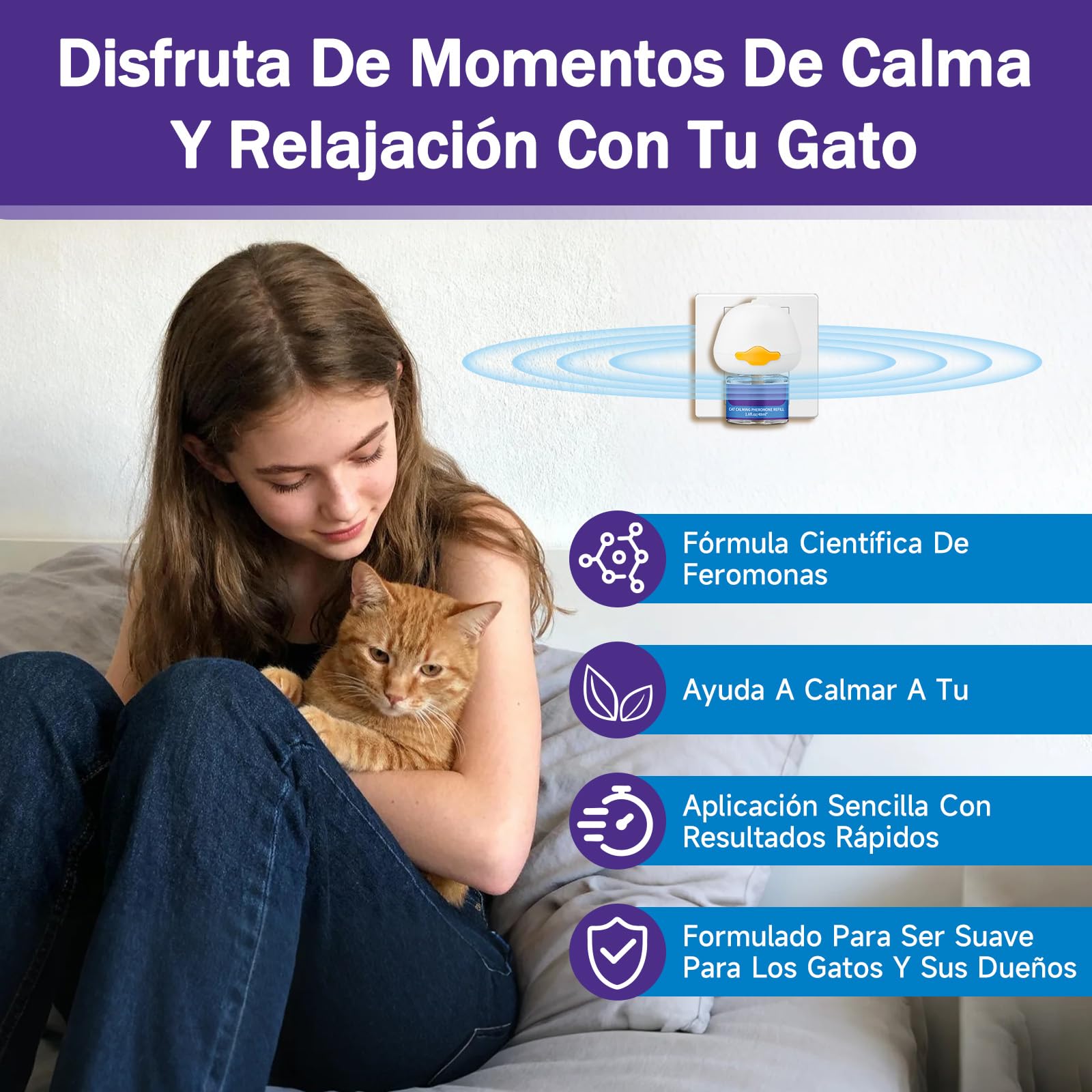 Difusor de Feromonas para Gatos - Enchufe Calmante para Relajación, Kit con 1 Difusor + 2 Recargas de 48ml - 60 Días de Confort