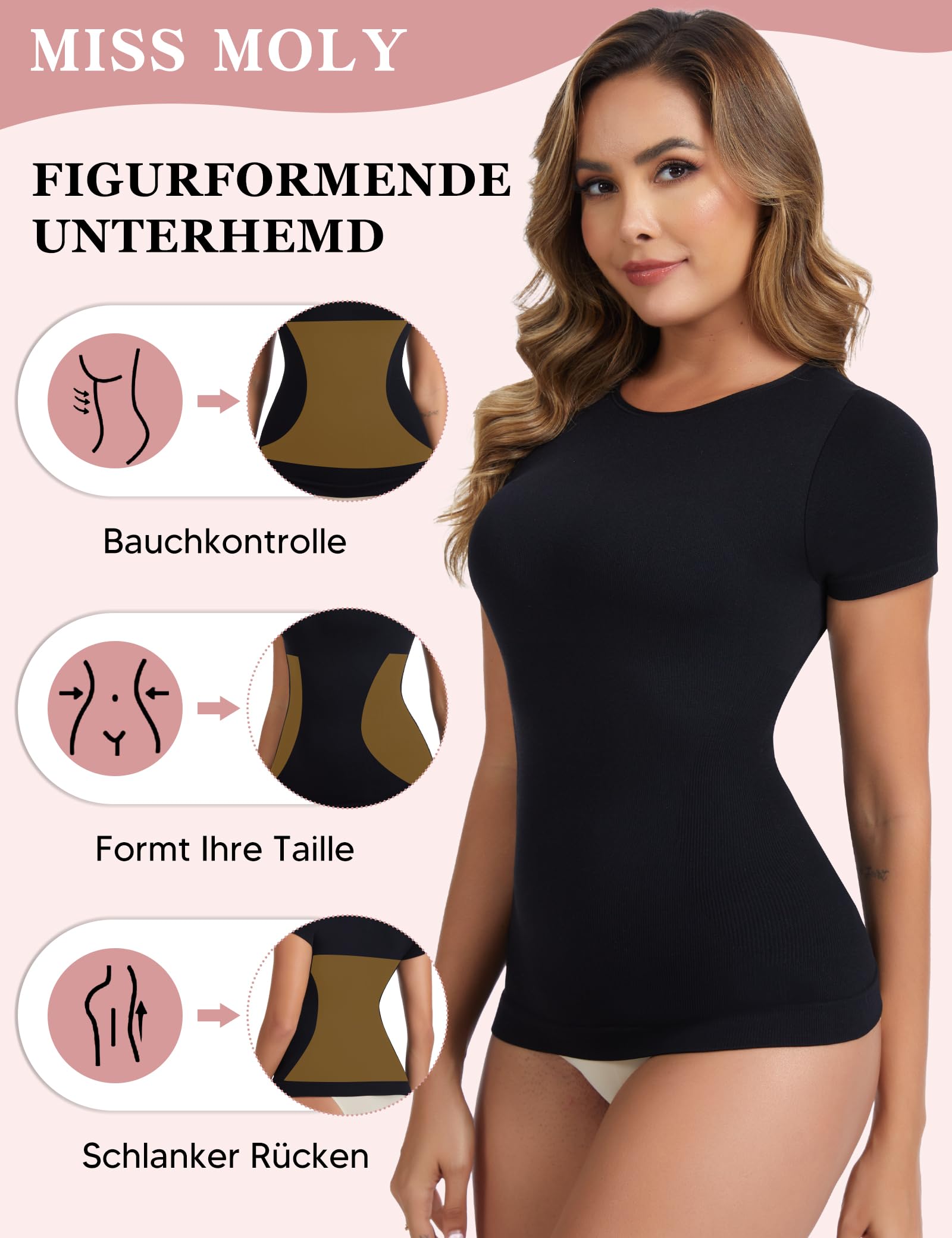 MISS MOLY Shapewear Damen T-Shirt Bauch Weg Kompressionsshirt Nahtloses Compression Shirt Figurformendes Tops Body Shaper Shirt Yoga Gym Top für Workout