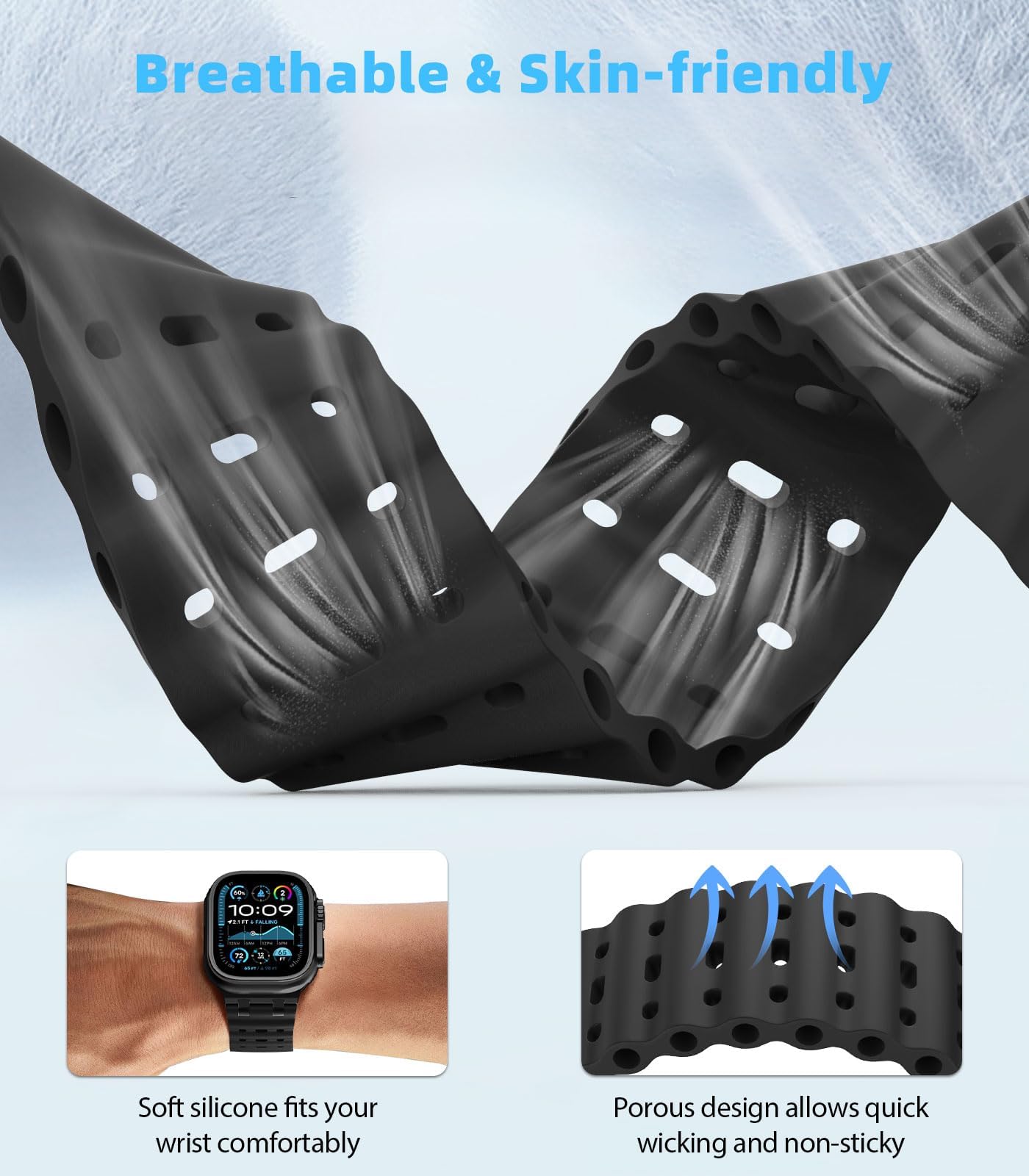 MoKo Cinturino Ocean Compatibile con Apple Watch Ultra 3/2/1 49 mm, S11/S10 46 mm, 9/8/7 45 mm, SE3/SE2/SE/6/5/4 44 mm, 3/2/1 42 mm, Cinturino Sportivo in Silicone Traspirante