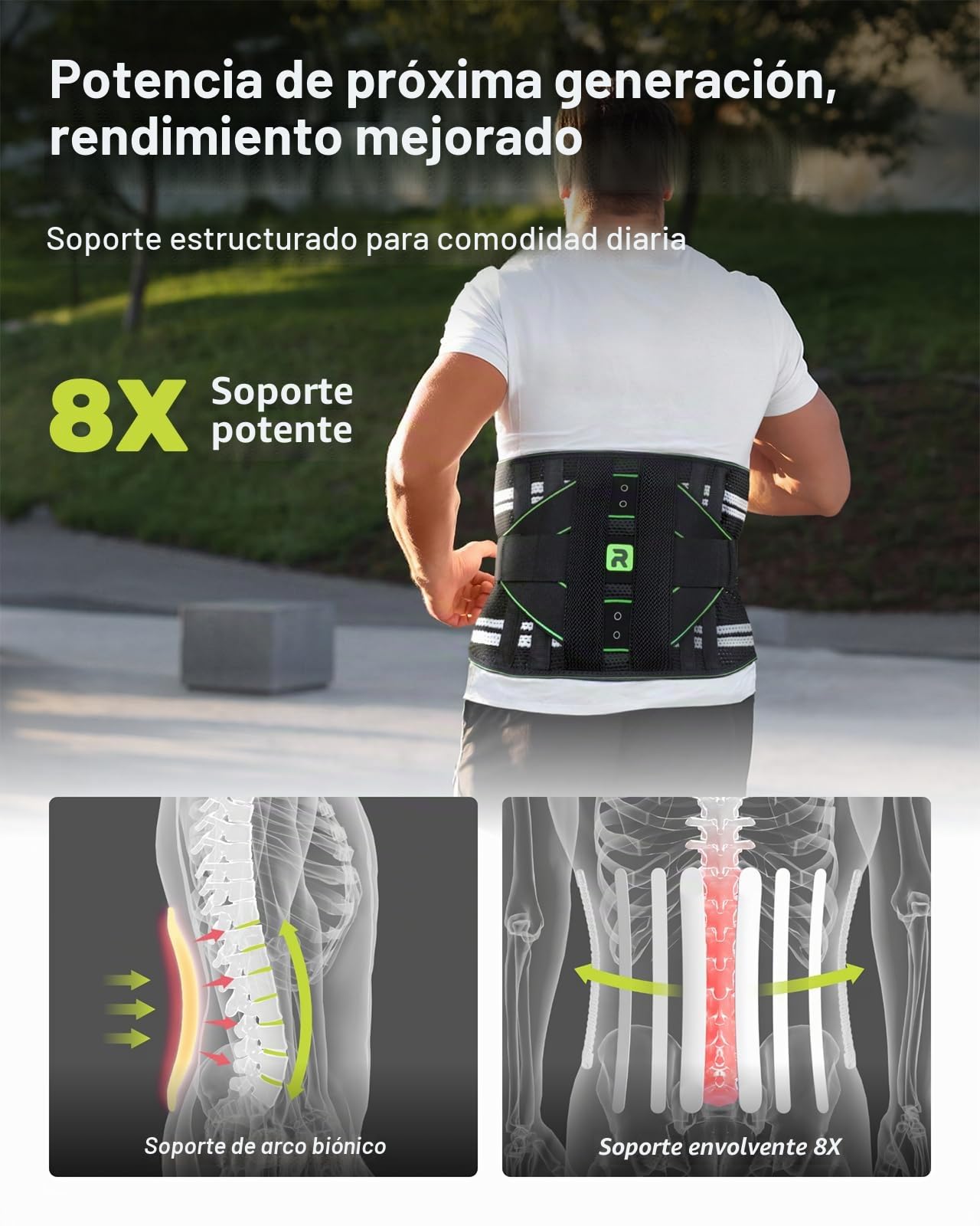 Rakiie Lumbar Para Hombre y Mujer, Soporte Lumbar 8X Potente con Almohadilla 3D, Soporte de Espalda Transpirable con Correa Ajustable (Verde, XX-Large)