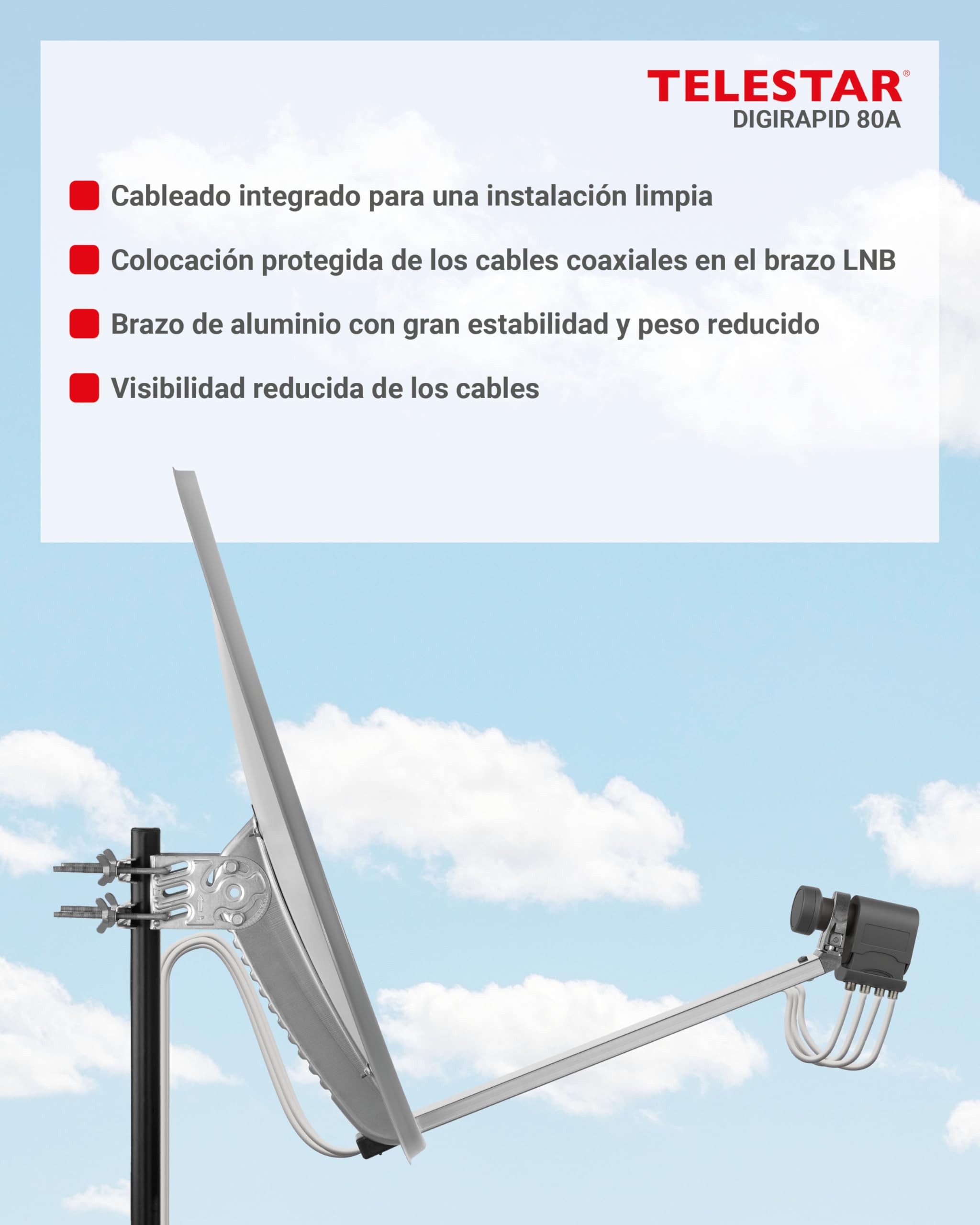 TELESTAR DIGIRAPID 80 A V2 – Antena parabólica satélite (80 cm, Aluminio, Brazo de alimentación Estable Gris Claro